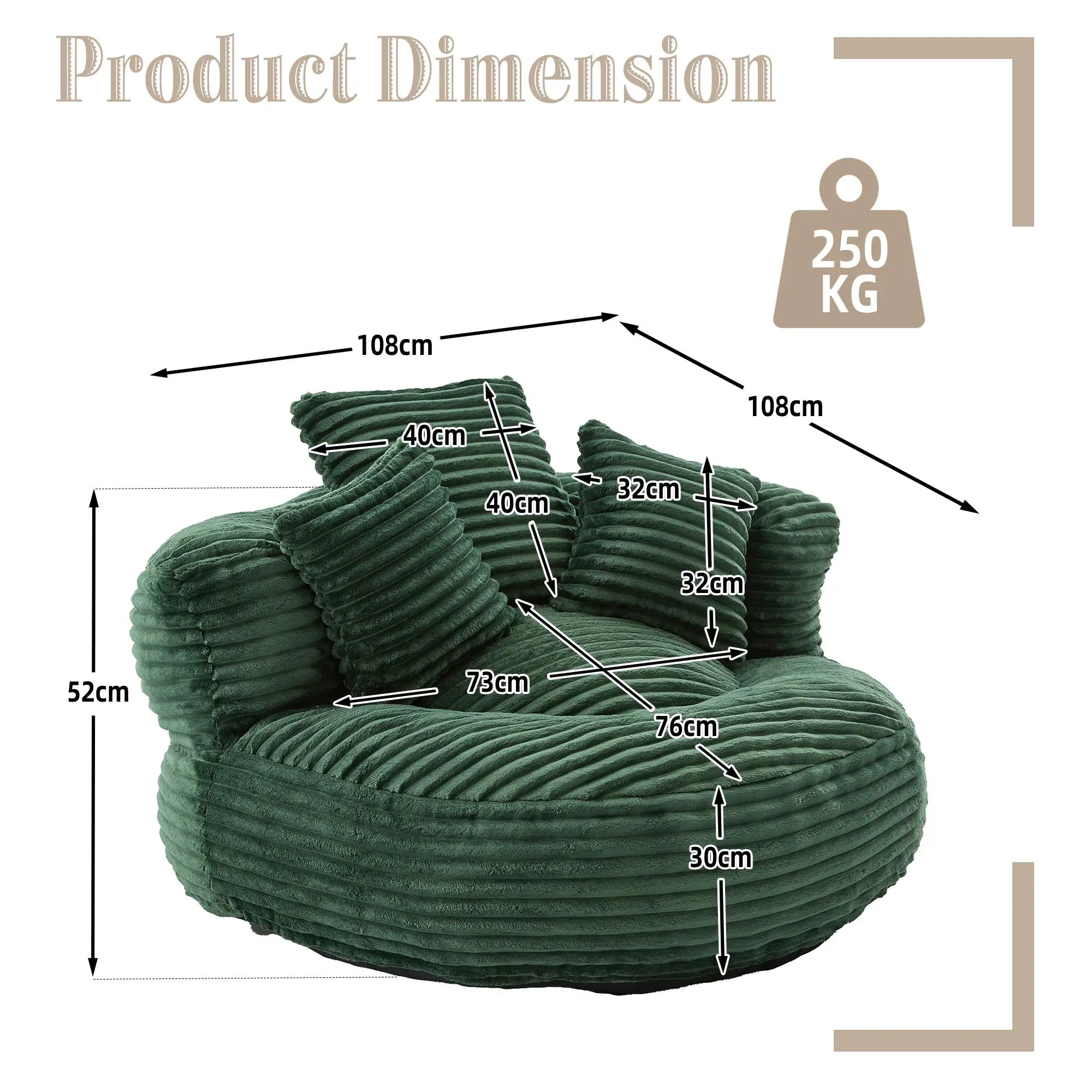 Corduroy Armchair 108 x 108 x 52cm - Emerald - 3