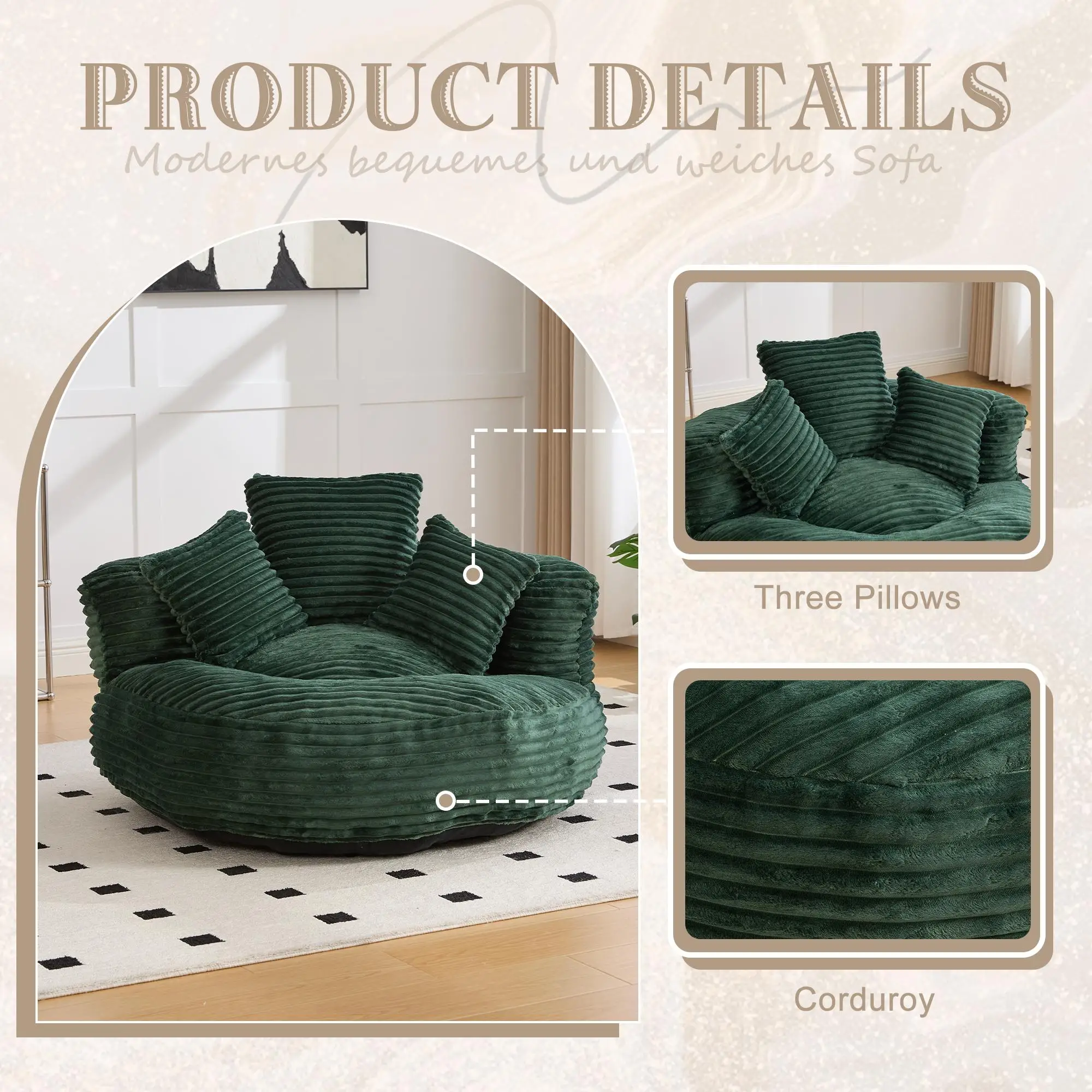 Corduroy Armchair 108 x 108 x 52cm - Emerald - 7