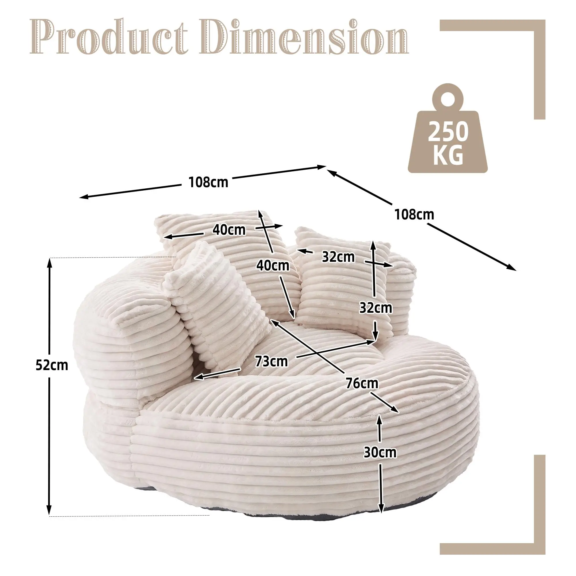 Corduroy Armchair 108 x 108 x 52cm - Beige - 3