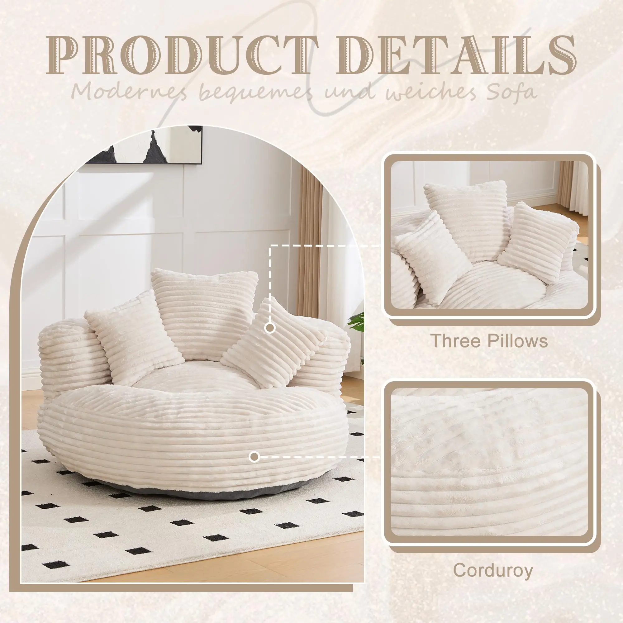 Corduroy Armchair 108 x 108 x 52cm - Beige - 7