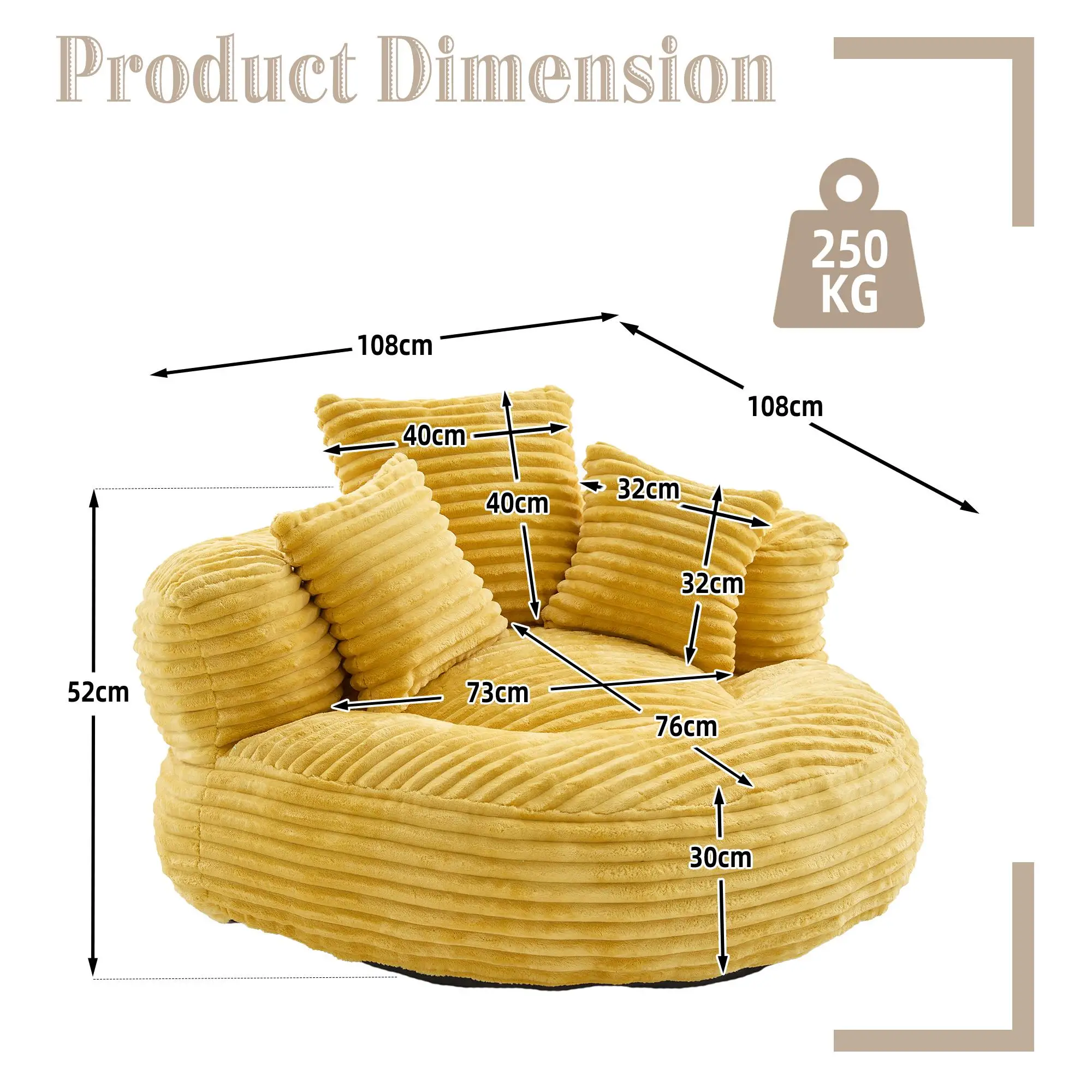 Corduroy Armchair 108 x 108 x 52cm - Mustard Yellow - 3