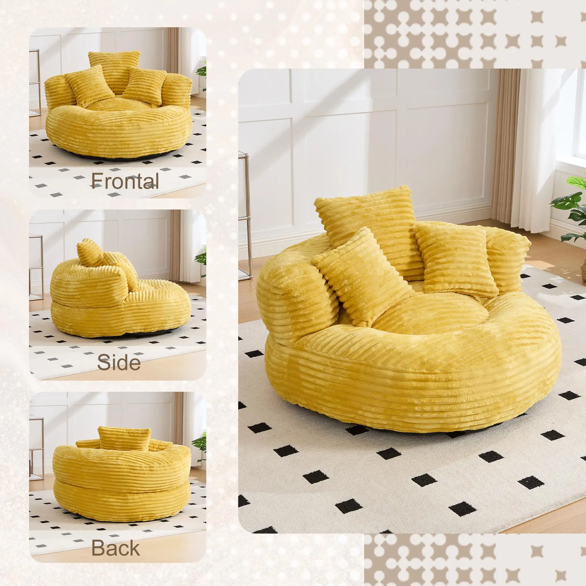 Corduroy Armchair 108 x 108 x 52cm - Mustard Yellow - 6