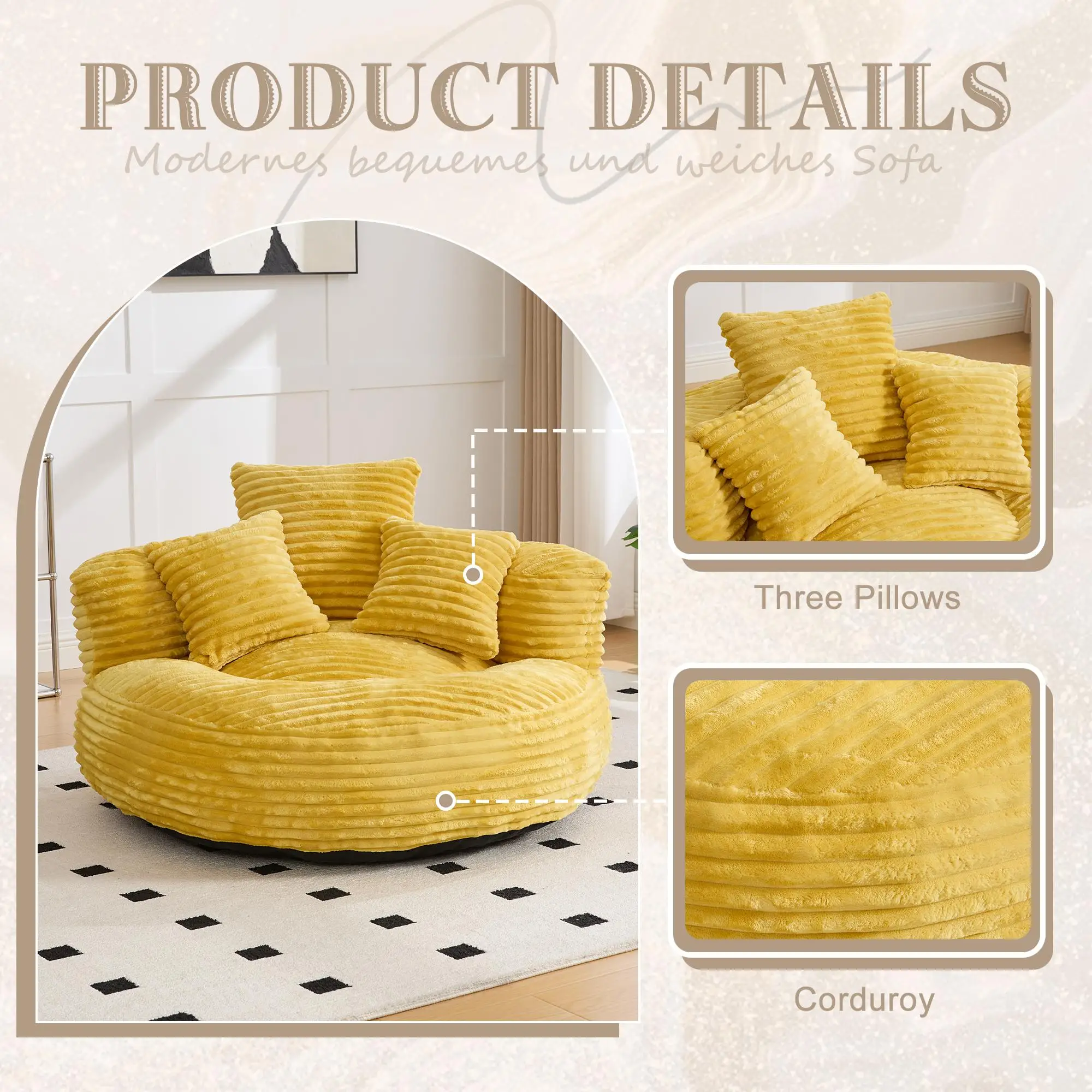 Corduroy Armchair 108 x 108 x 52cm - Mustard Yellow - 7