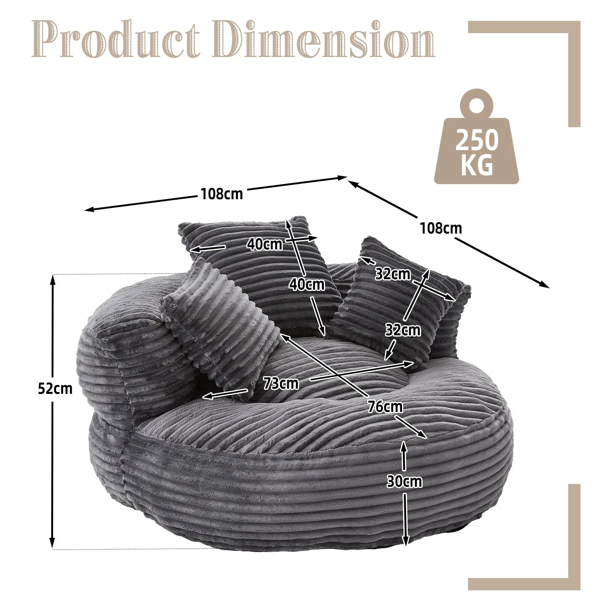 Corduroy Armchair 108 x 108 x 52cm - Dark Grey - 3