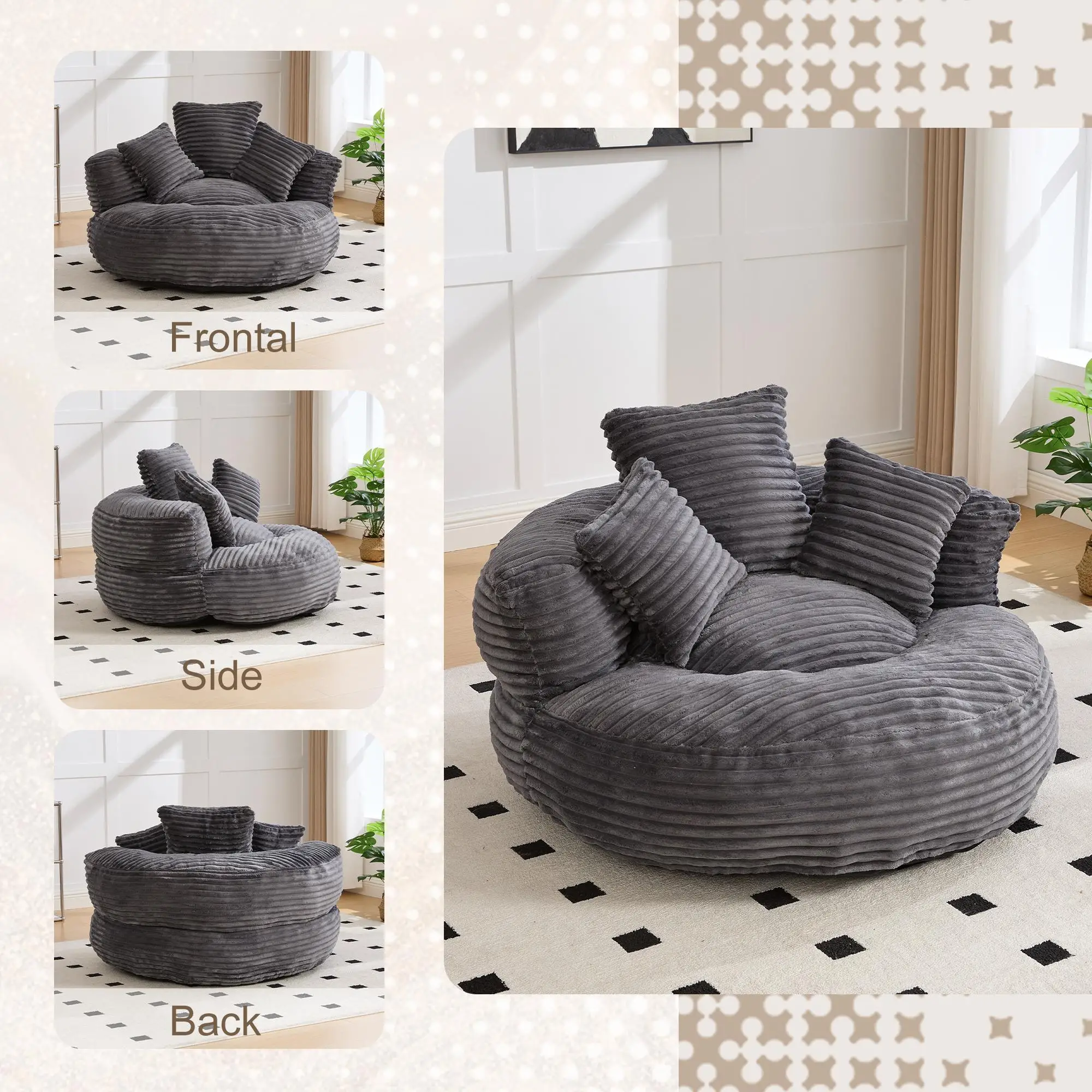 Corduroy Armchair 108 x 108 x 52cm - Dark Grey - 5