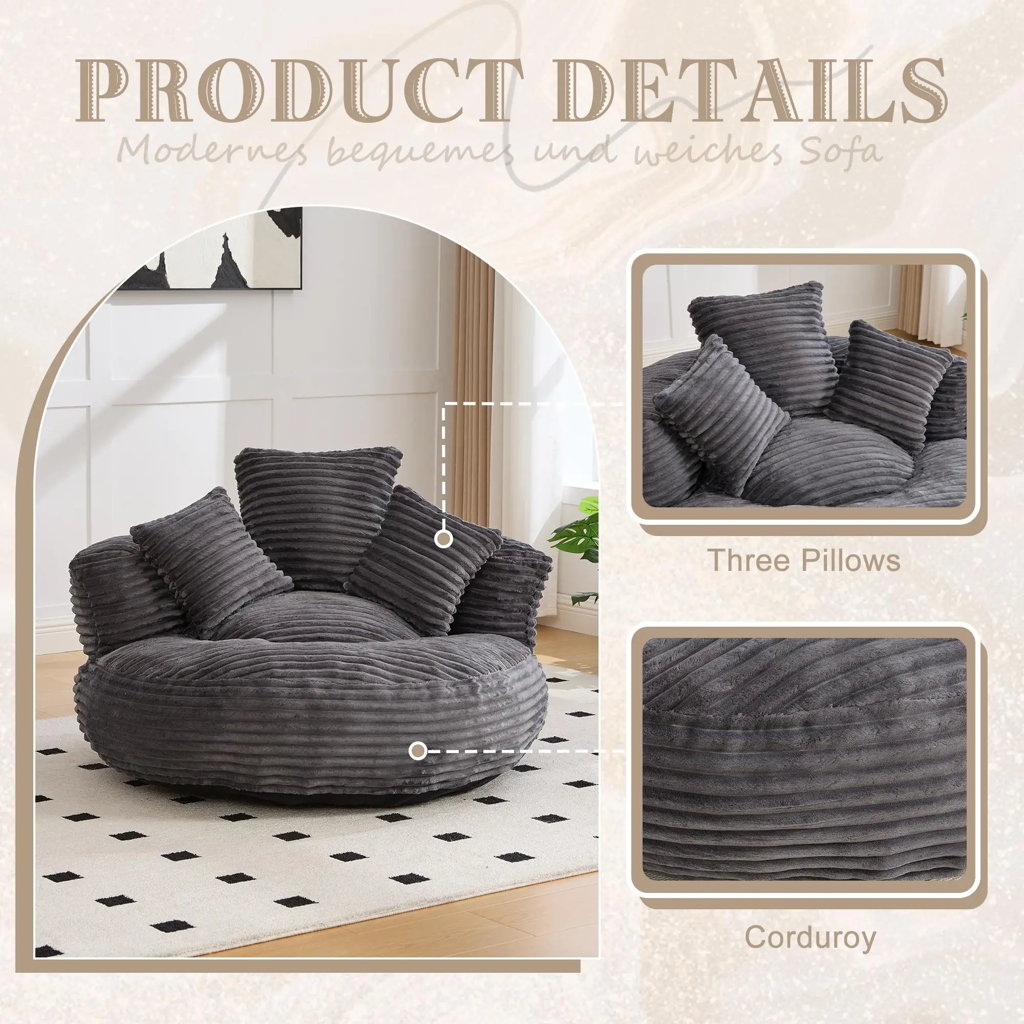 Corduroy Armchair 108 x 108 x 52cm - Dark Grey - 6