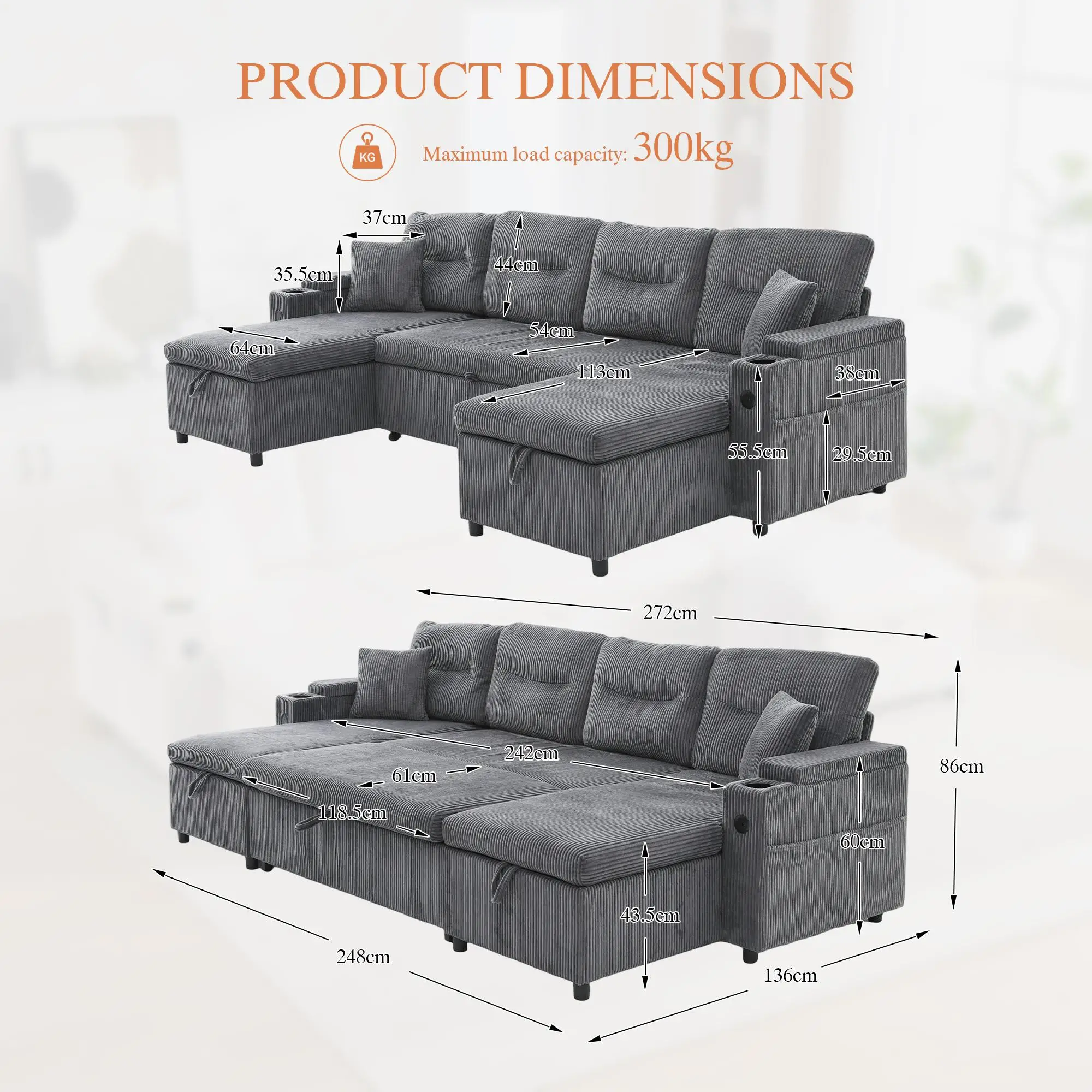U-Shaped 4 Seater Linen Sofa 272 x 136 x 86cm, Dark Grey - Dark Grey - 3