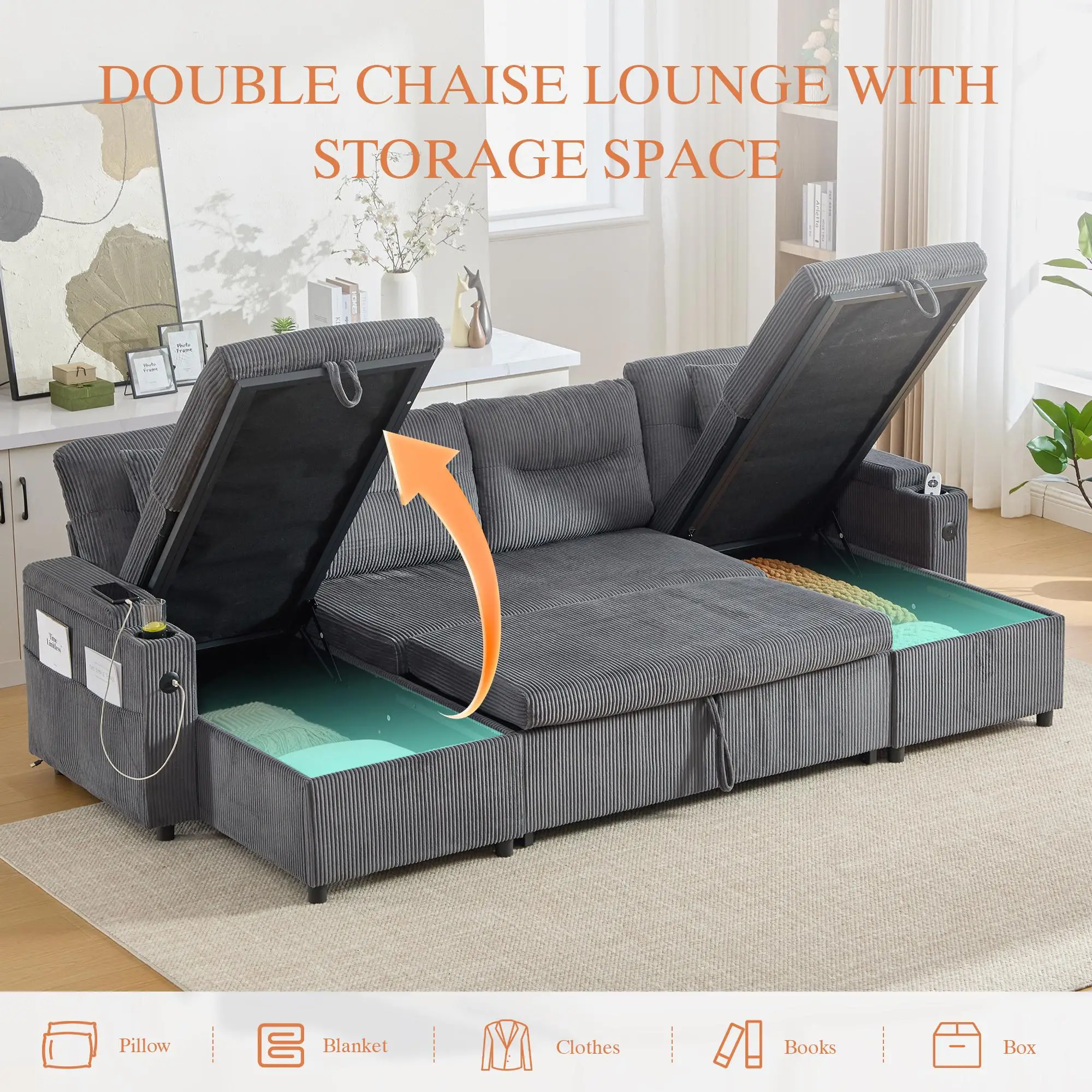 U-Shaped 4 Seater Linen Sofa 272 x 136 x 86cm, Dark Grey - Dark Grey - 4