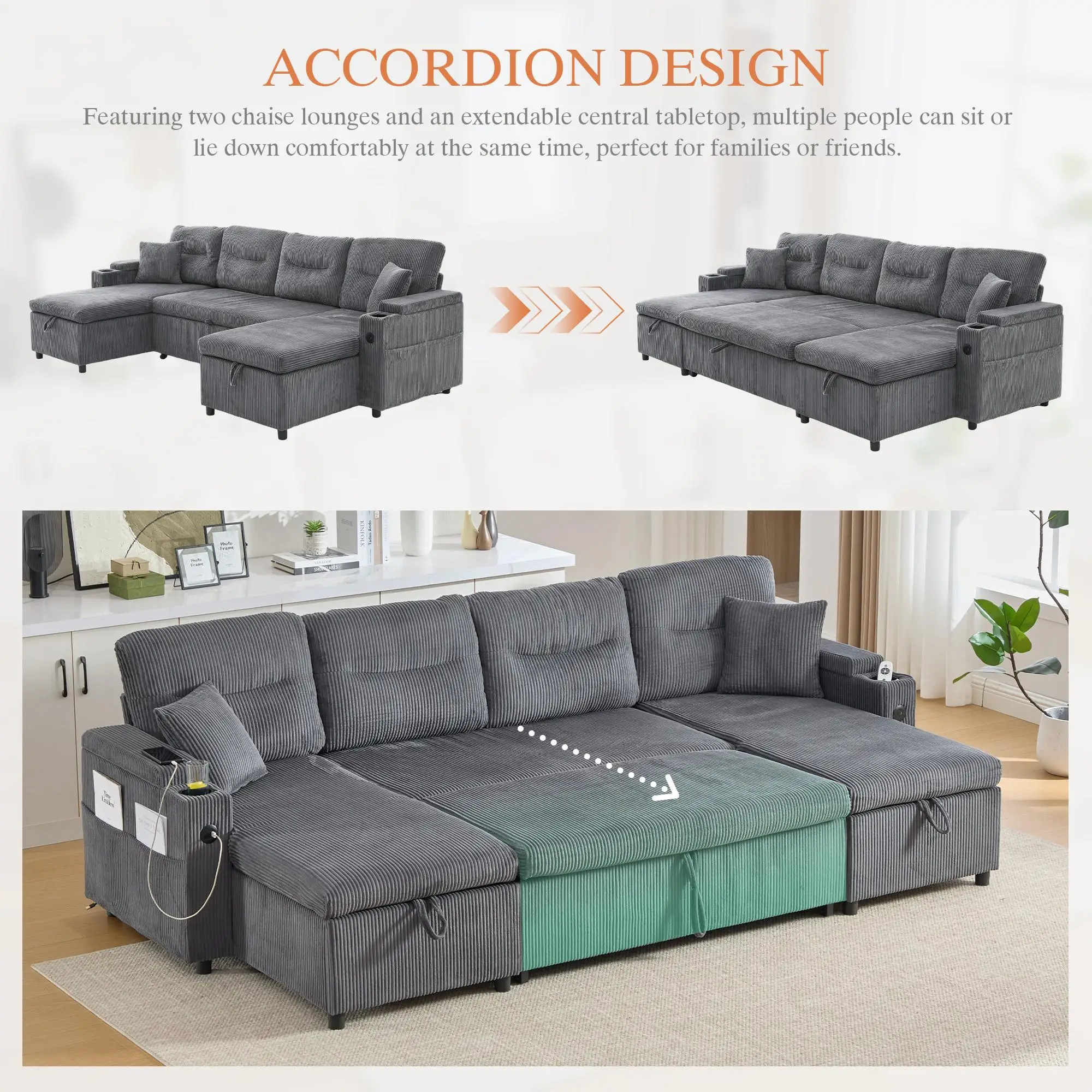 U-Shaped 4 Seater Linen Sofa 272 x 136 x 86cm, Dark Grey - Dark Grey - 5