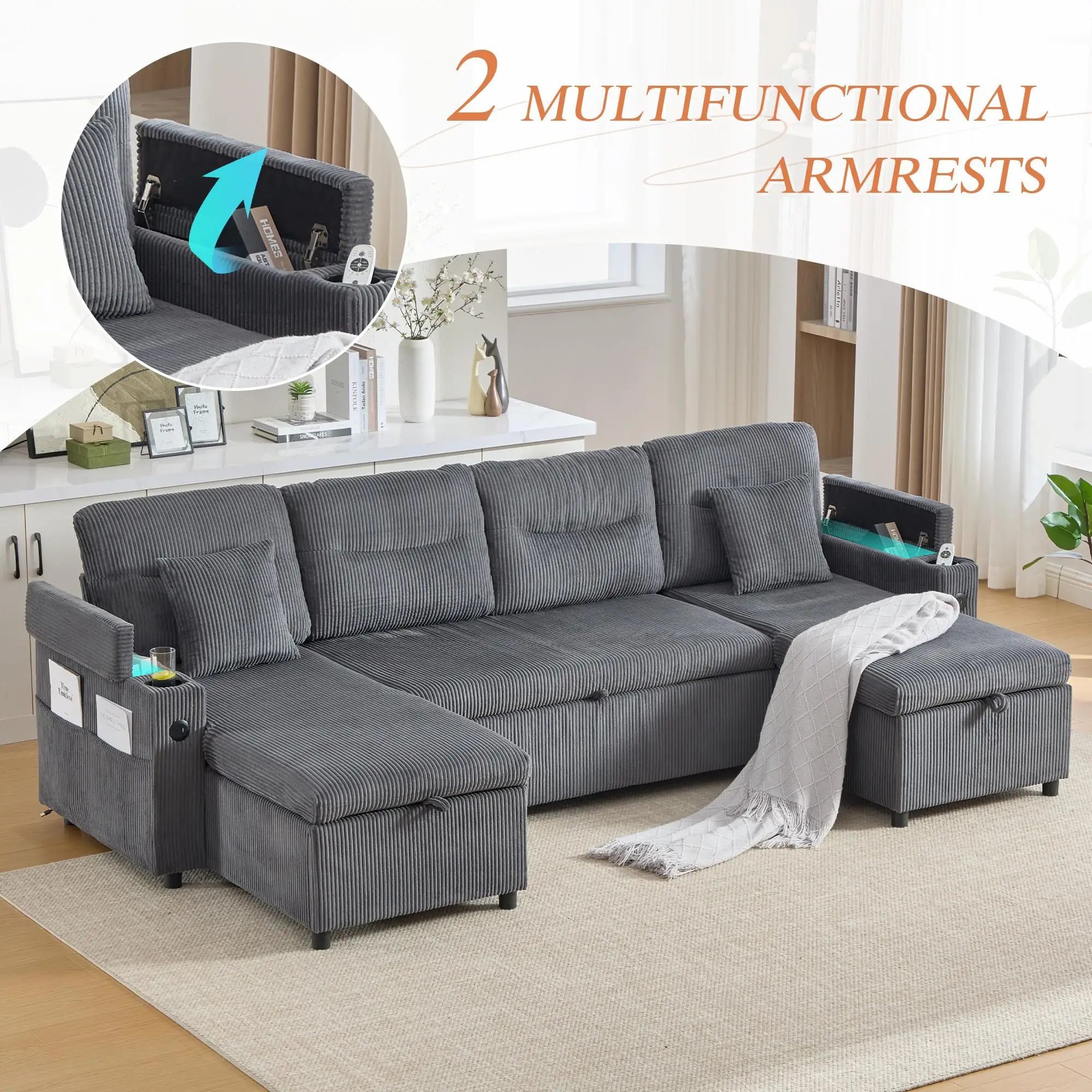 U-Shaped 4 Seater Linen Sofa 272 x 136 x 86cm, Dark Grey - Dark Grey - 6