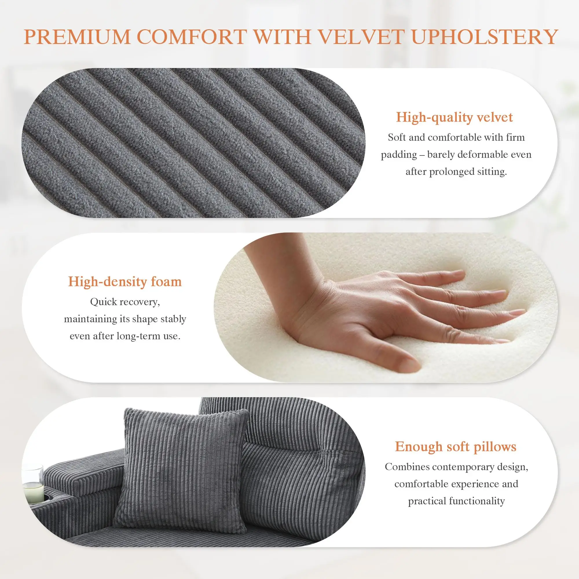 U-Shaped 4 Seater Linen Sofa 272 x 136 x 86cm, Dark Grey - Dark Grey - 7