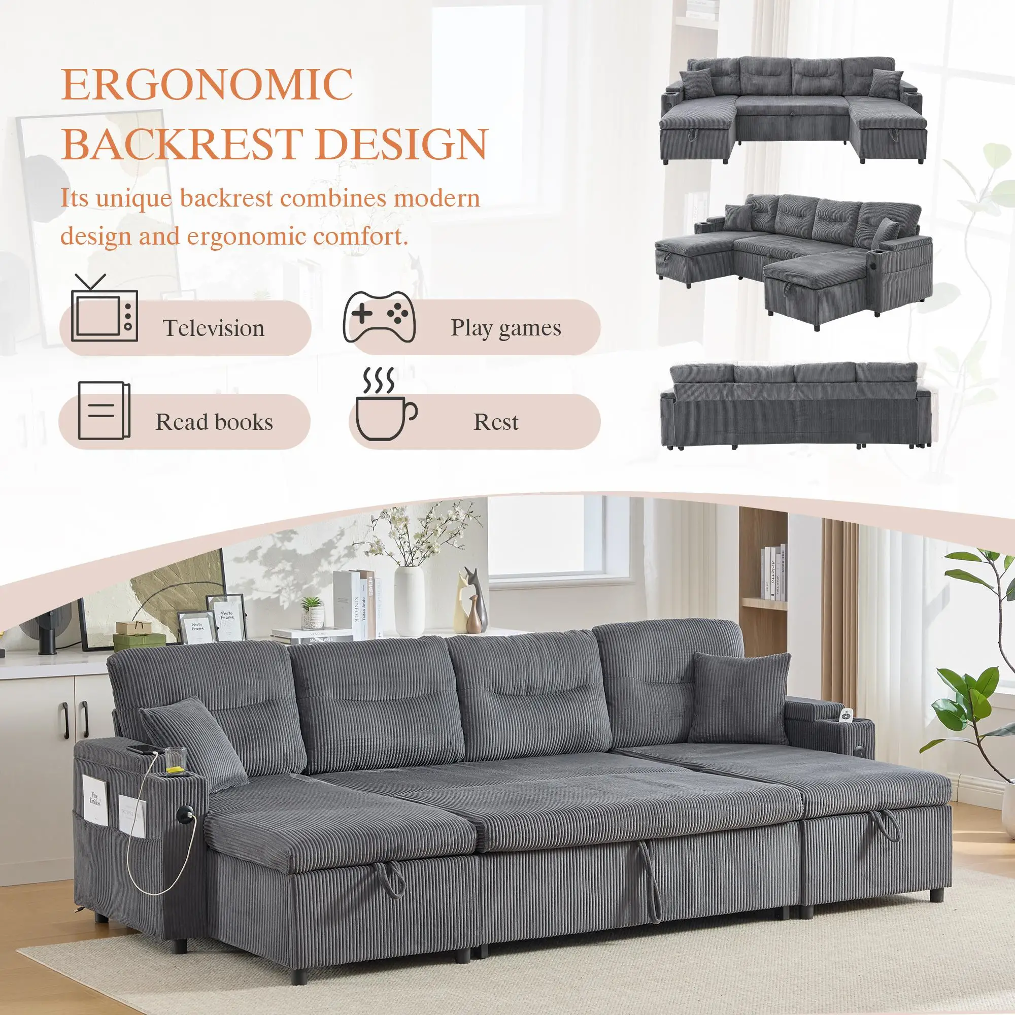 U-Shaped 4 Seater Linen Sofa 272 x 136 x 86cm, Dark Grey - Dark Grey - 9
