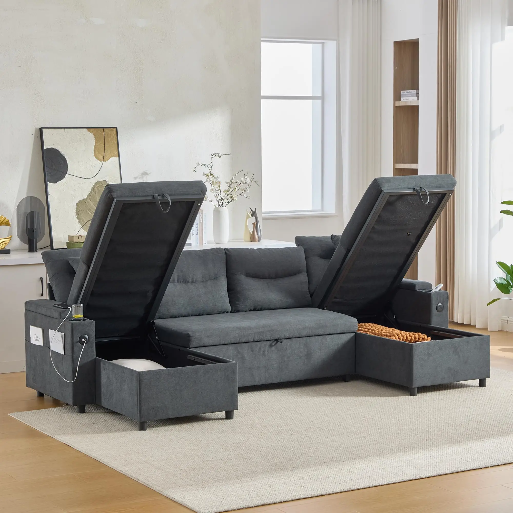 U-Shaped 4 Seater Linen Sofa 272 x 136 x 86cm, Dark Grey - Dark Grey - 10