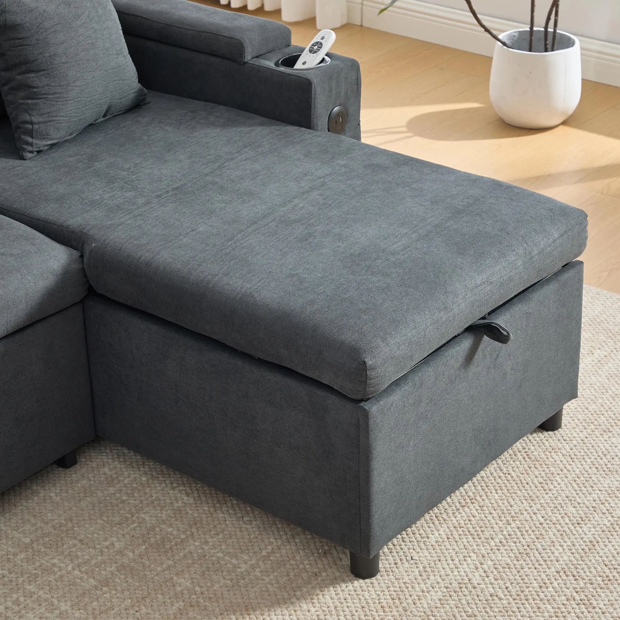 U-Shaped 4 Seater Linen Sofa 272 x 136 x 86cm, Dark Grey - Dark Grey - 12