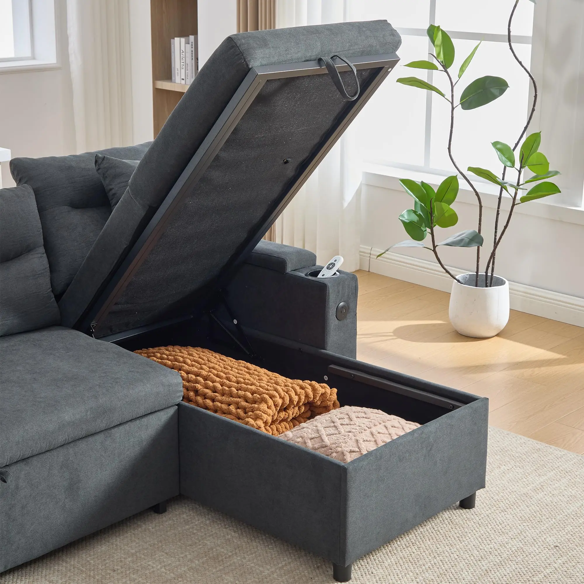 U-Shaped 4 Seater Linen Sofa 272 x 136 x 86cm, Dark Grey - Dark Grey - 13