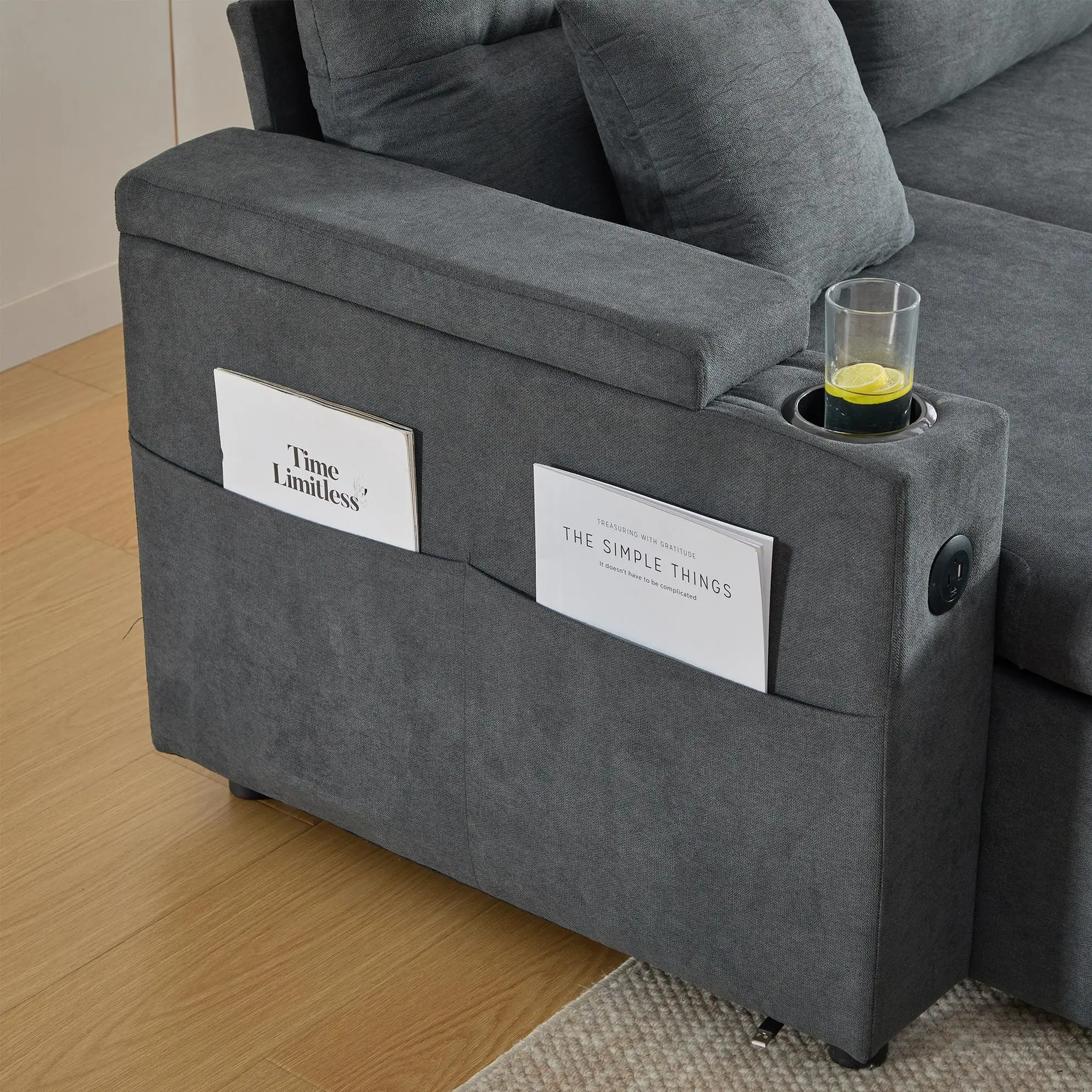 U-Shaped 4 Seater Linen Sofa 272 x 136 x 86cm, Dark Grey - Dark Grey - 14