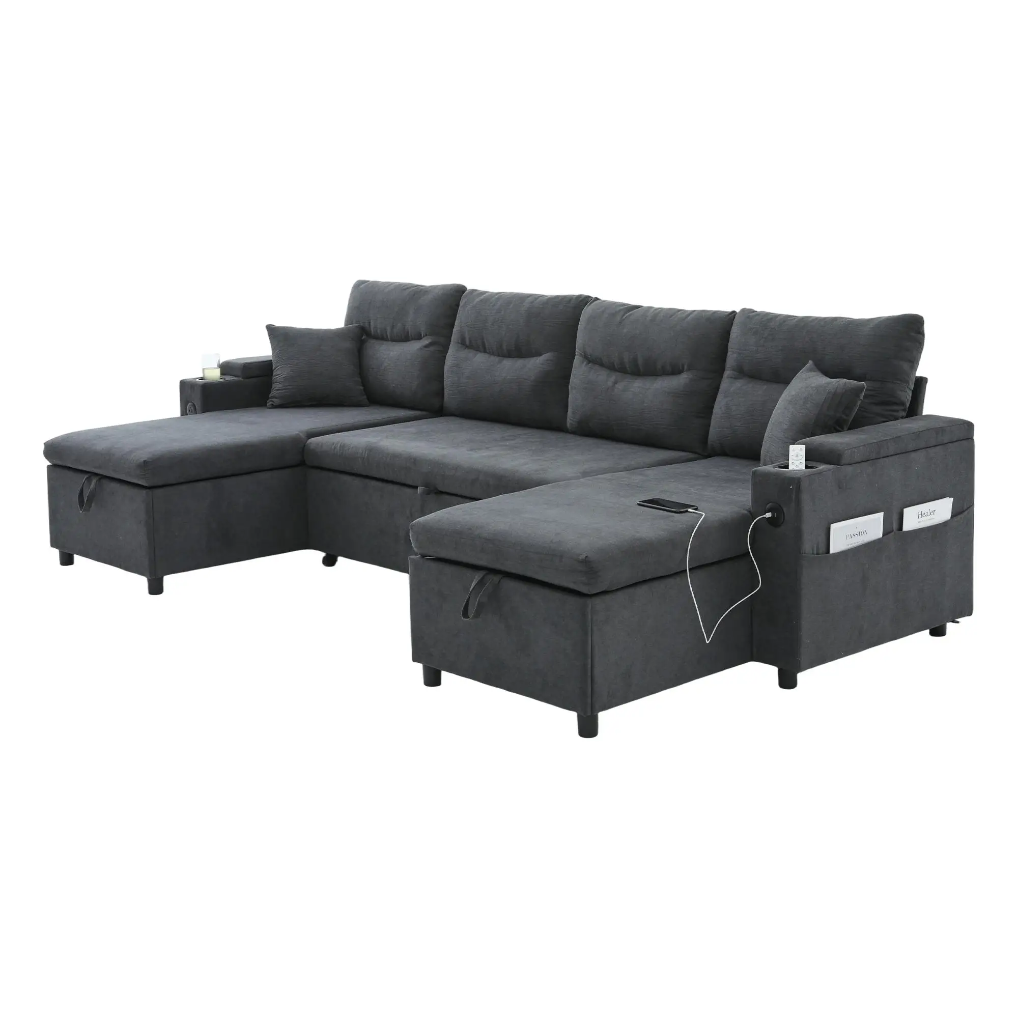 U-Shaped 4 Seater Linen Sofa 272 x 136 x 86cm, Dark Grey - Dark Grey - 15