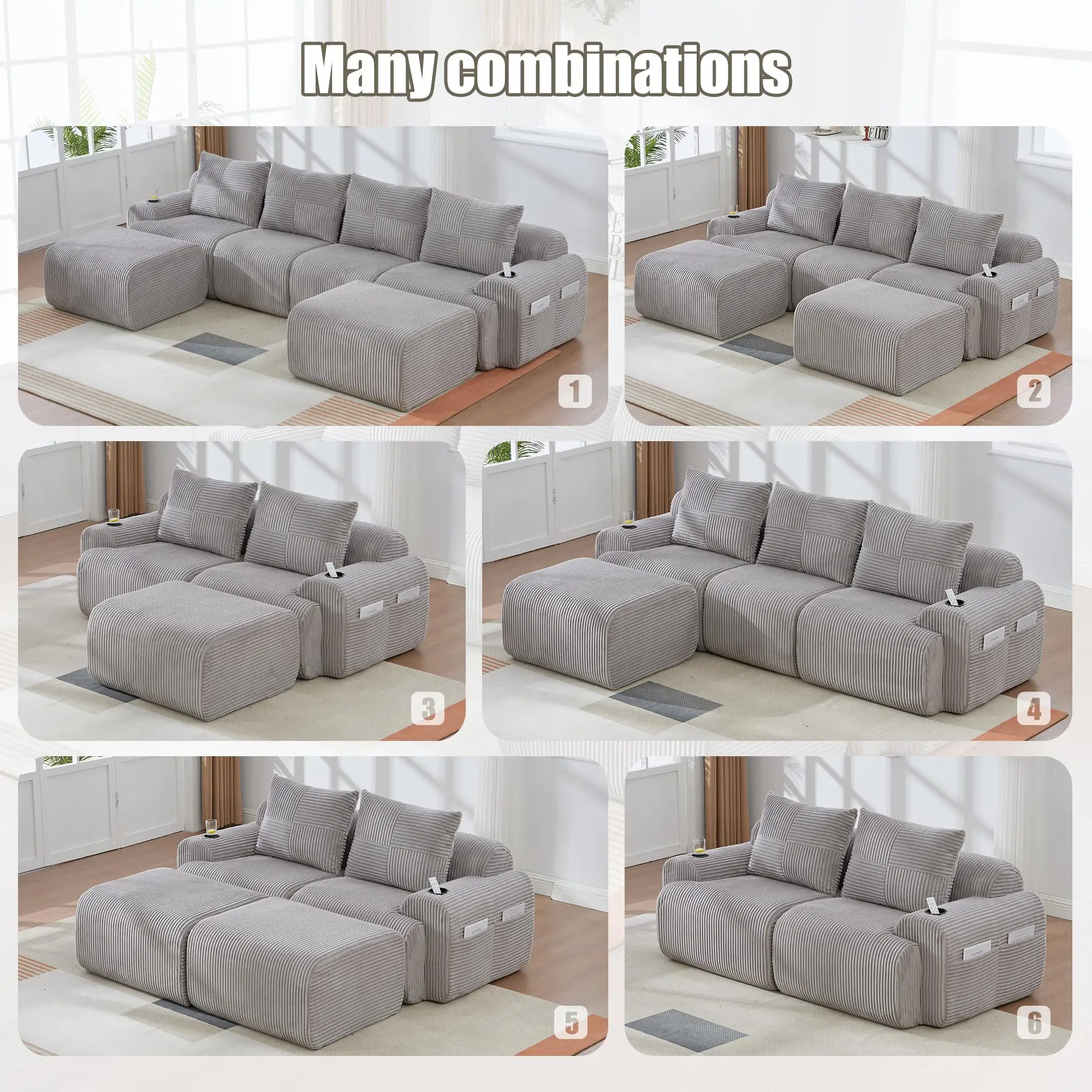 Corner 4 Seater Corduroy Sofa 333 x 174 x 80cm - Light Grey - 4