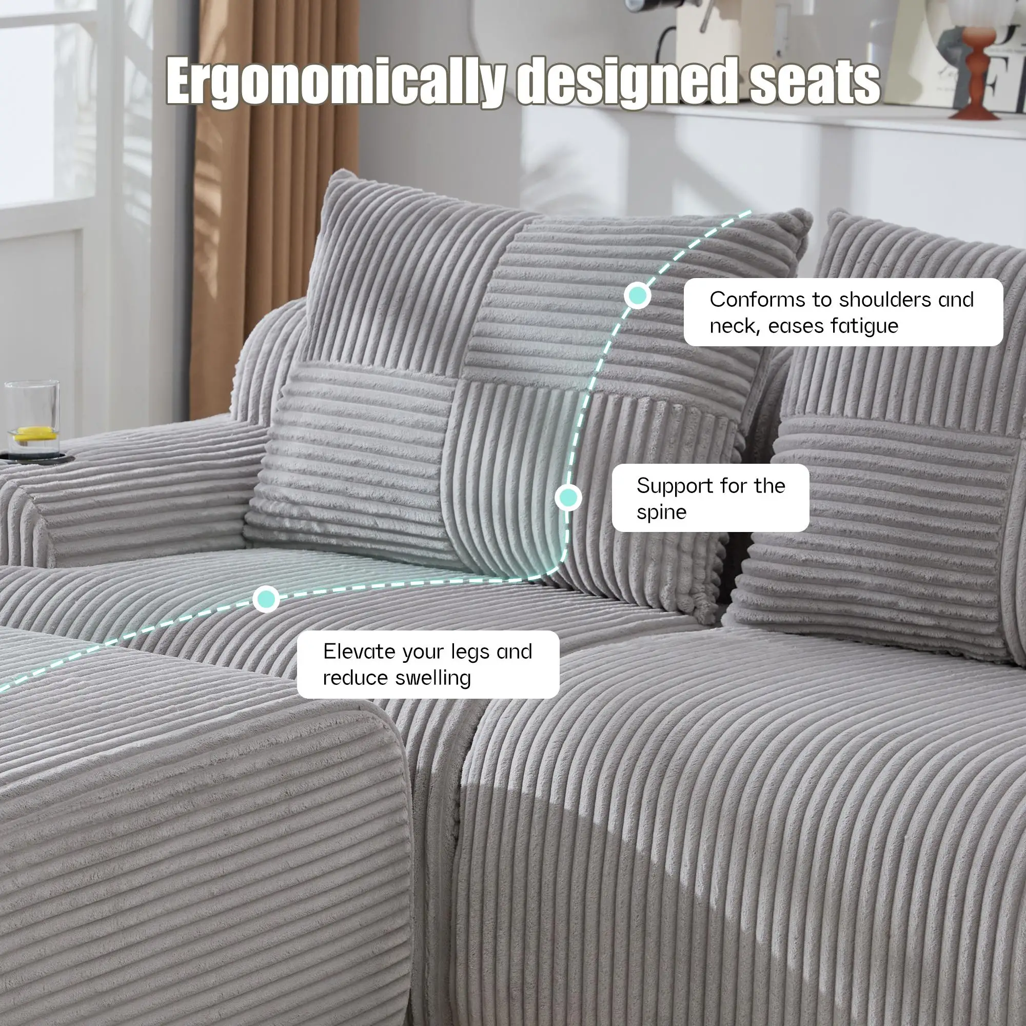 Corner 4 Seater Corduroy Sofa 333 x 174 x 80cm - Light Grey - 5