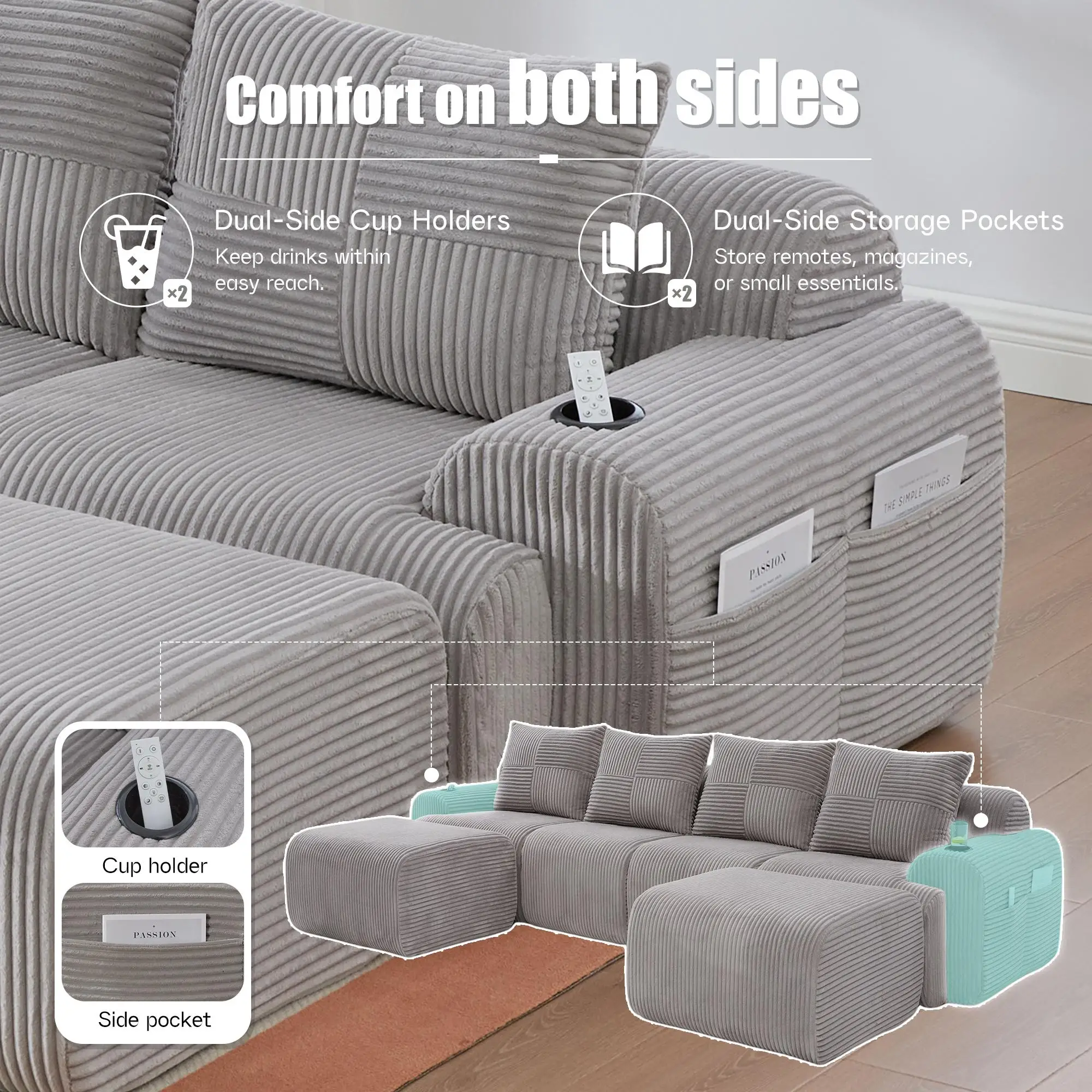 Corner 4 Seater Corduroy Sofa 333 x 174 x 80cm - Light Grey - 6
