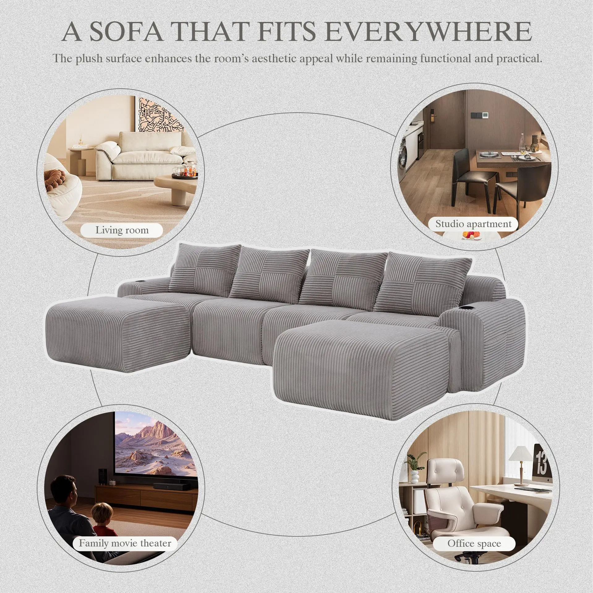 Corner 4 Seater Corduroy Sofa 333 x 174 x 80cm - Light Grey - 7