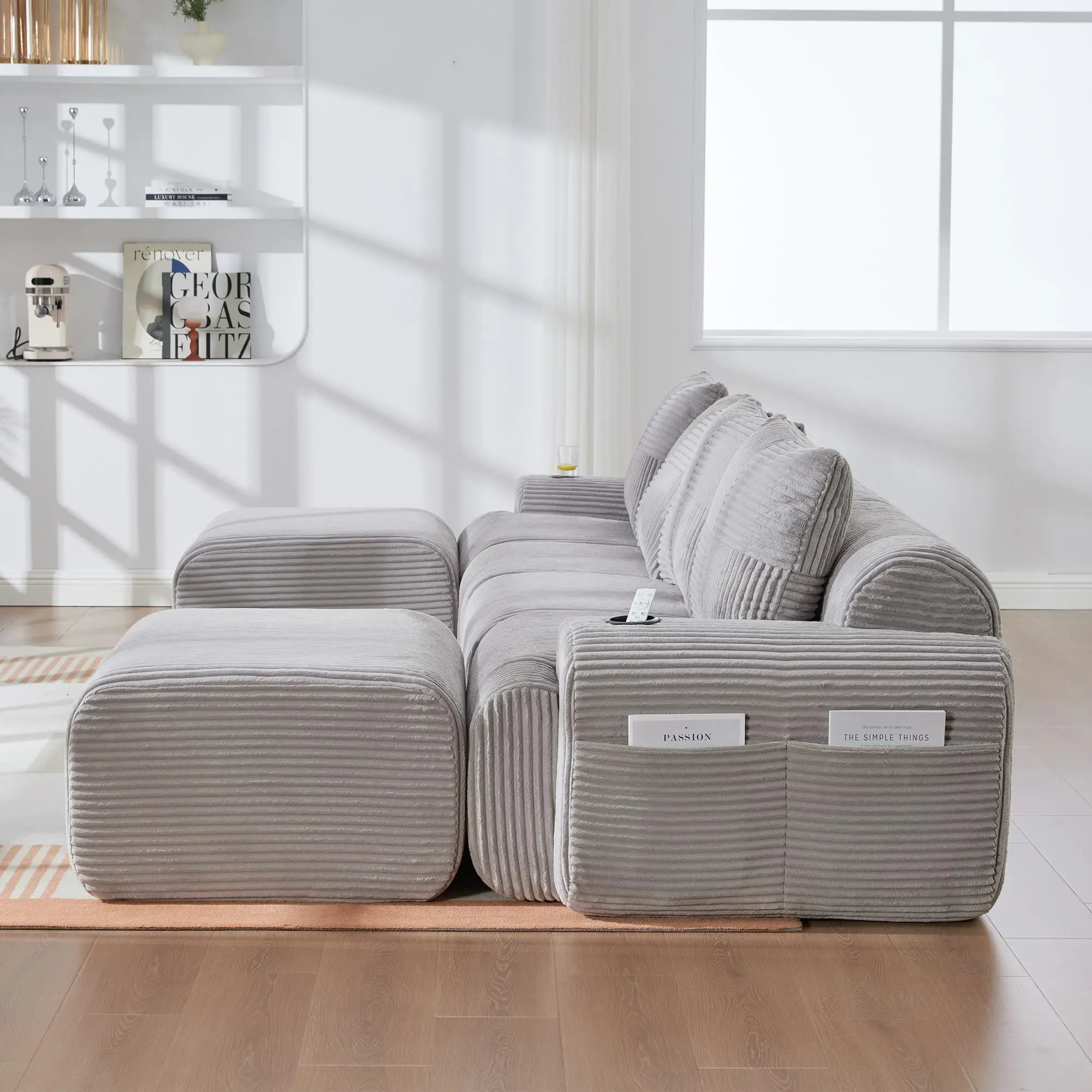 Corner 4 Seater Corduroy Sofa 333 x 174 x 80cm - Light Grey - 8