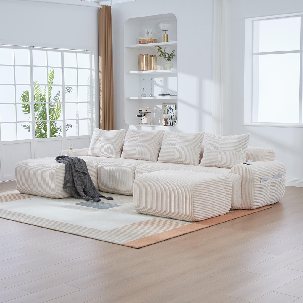 Corner 4 Seater Corduroy Sofa 333 x 174 x 80cm - Beige - 1