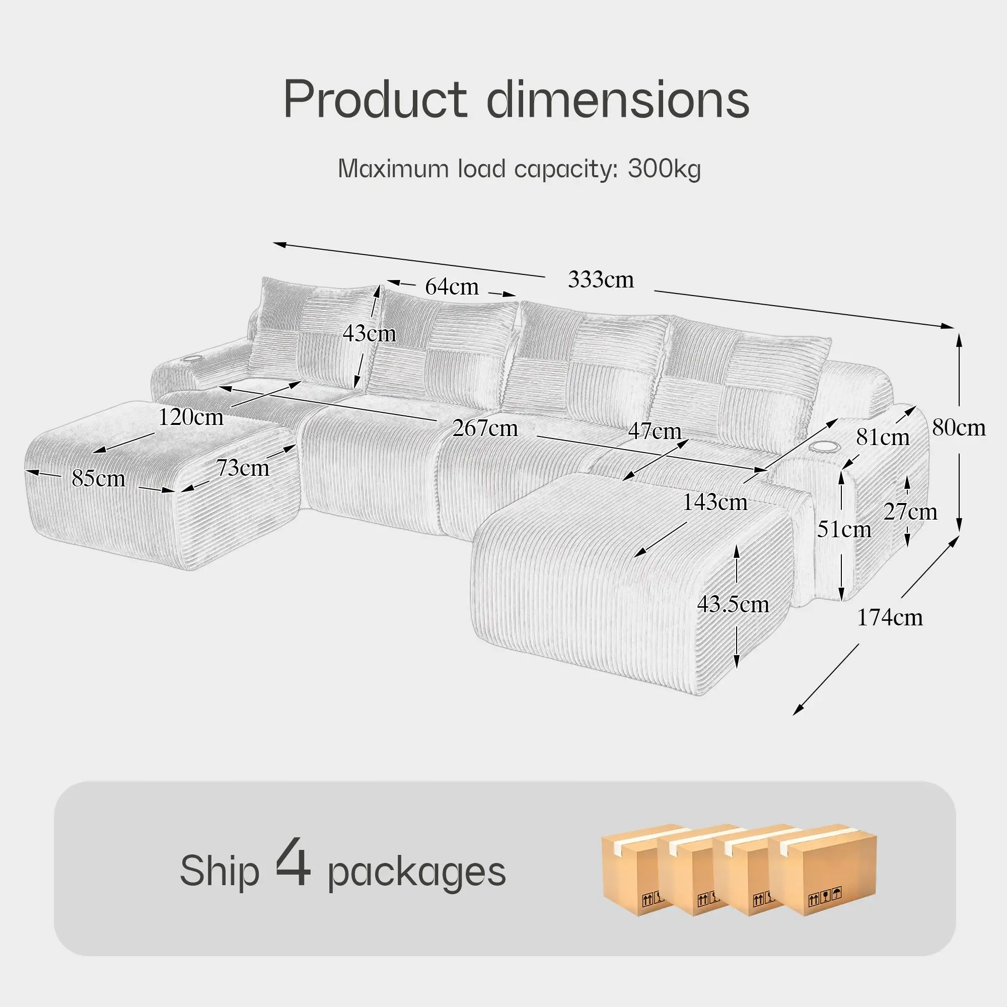 Corner 4 Seater Corduroy Sofa 333 x 174 x 80cm - Beige - 3