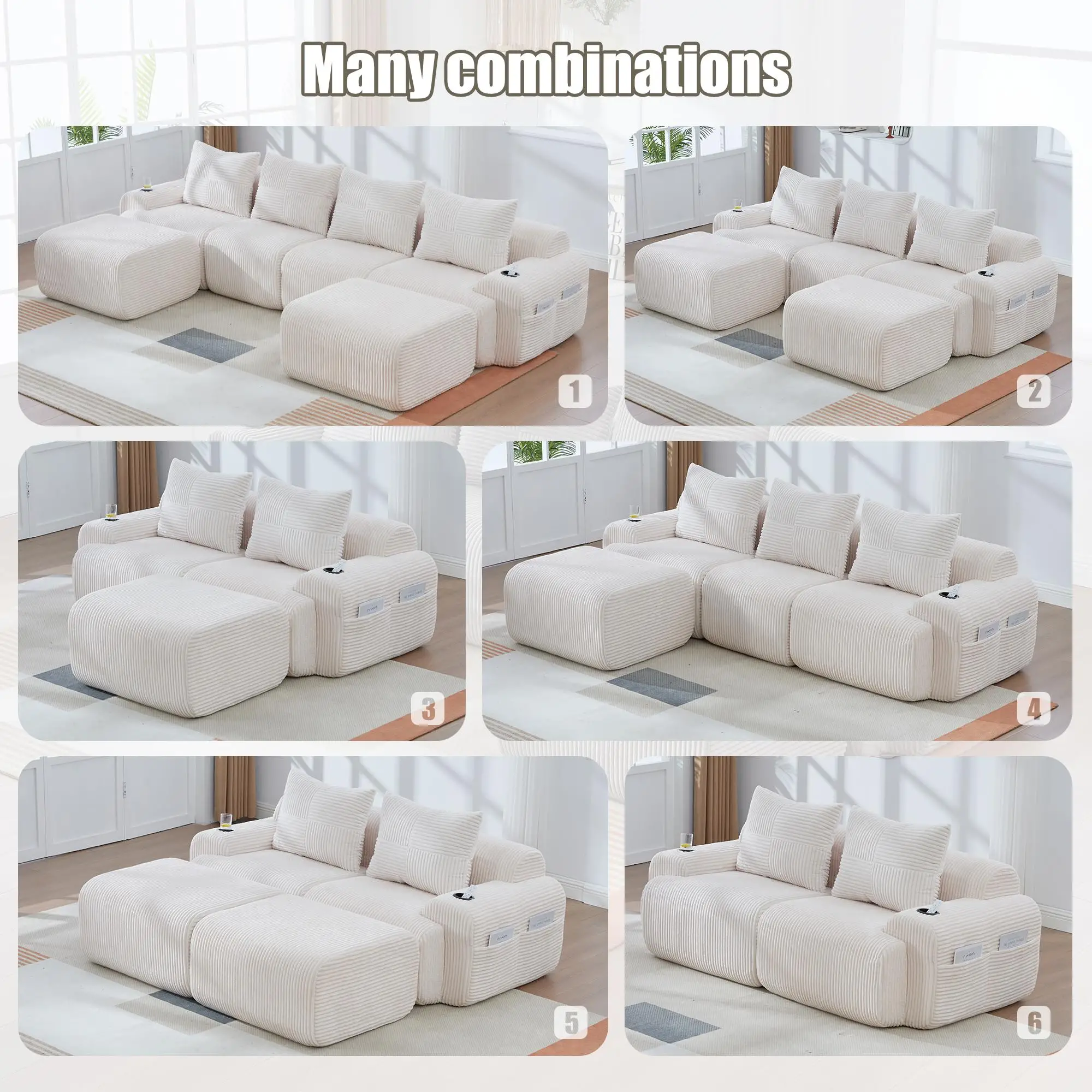 Corner 4 Seater Corduroy Sofa 333 x 174 x 80cm - Beige - 4