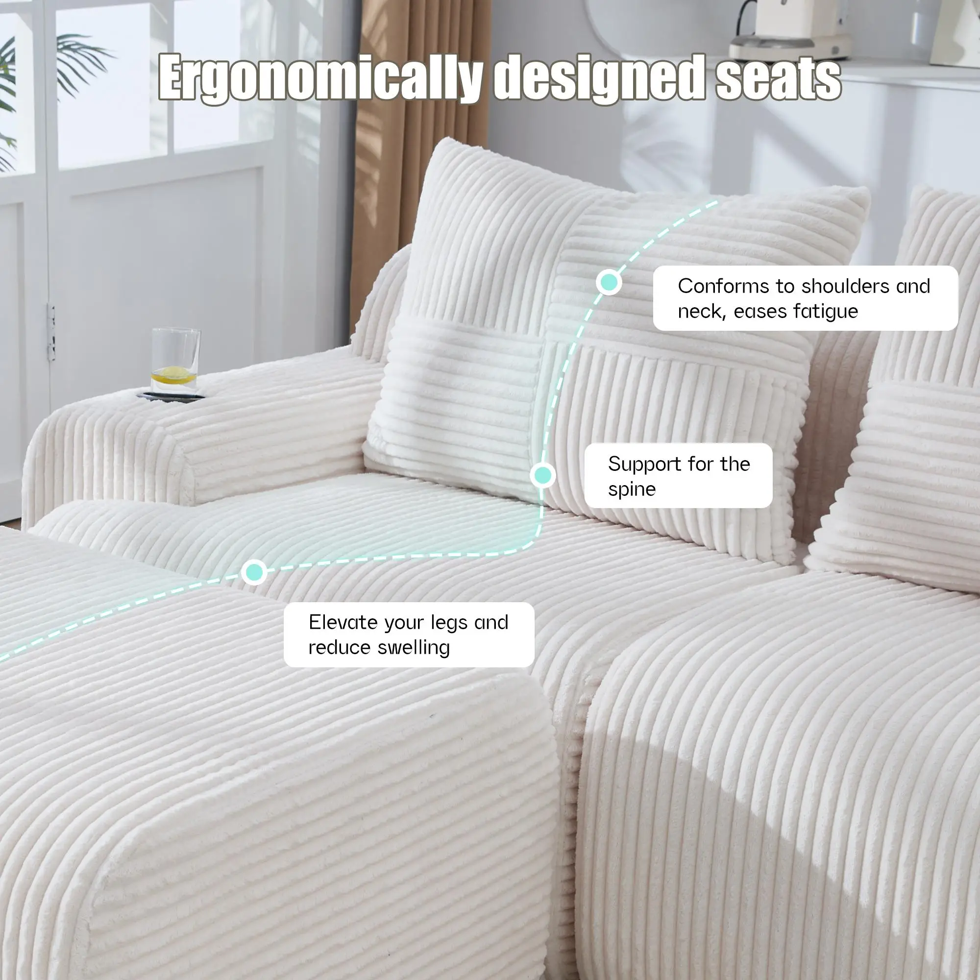 Corner 4 Seater Corduroy Sofa 333 x 174 x 80cm - Beige - 5