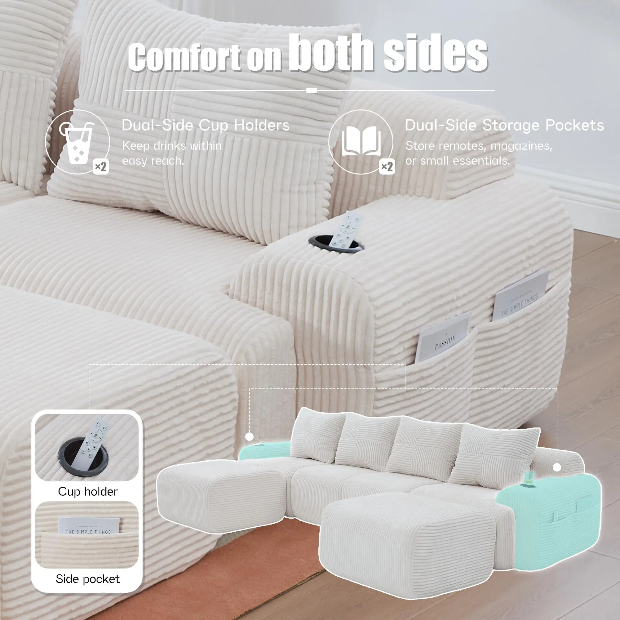 Corner 4 Seater Corduroy Sofa 333 x 174 x 80cm - Beige - 6