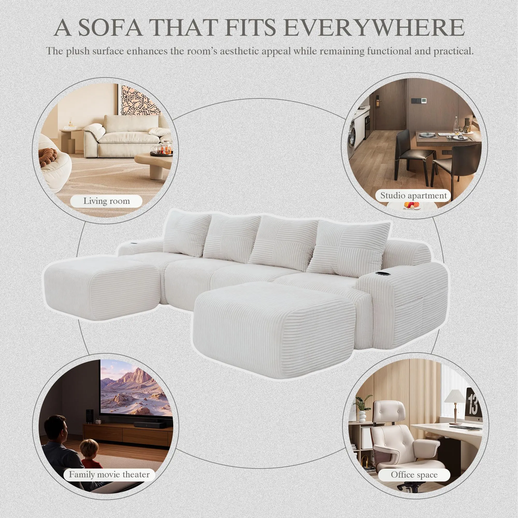 Corner 4 Seater Corduroy Sofa 333 x 174 x 80cm - Beige - 7