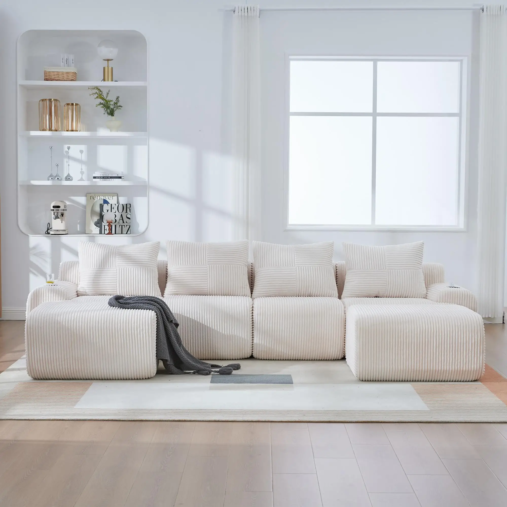 Corner 4 Seater Corduroy Sofa 333 x 174 x 80cm - Beige - 8