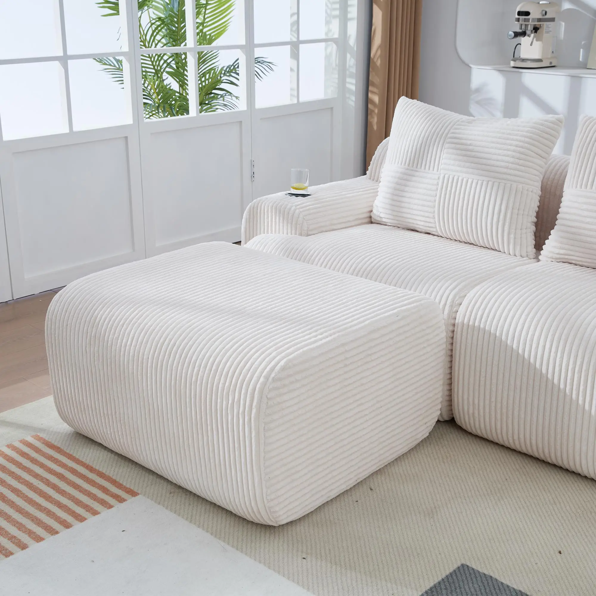 Corner 4 Seater Corduroy Sofa 333 x 174 x 80cm - Beige - 9