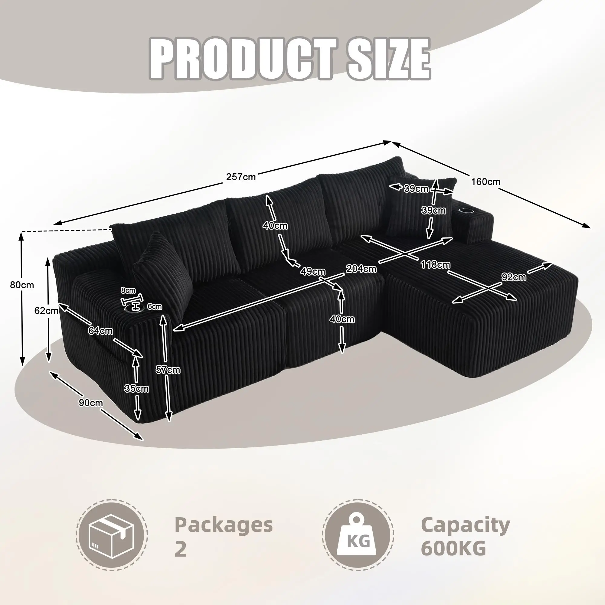 Corner Corduroy Sofa 257 x 160 x 80cm - Black - 3