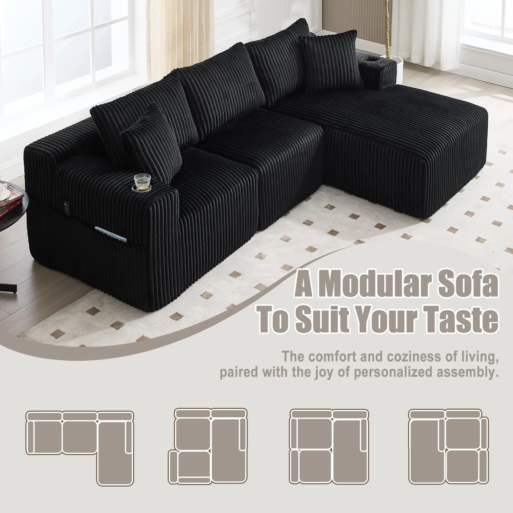 Corner Corduroy Sofa 257 x 160 x 80cm - Black - 4