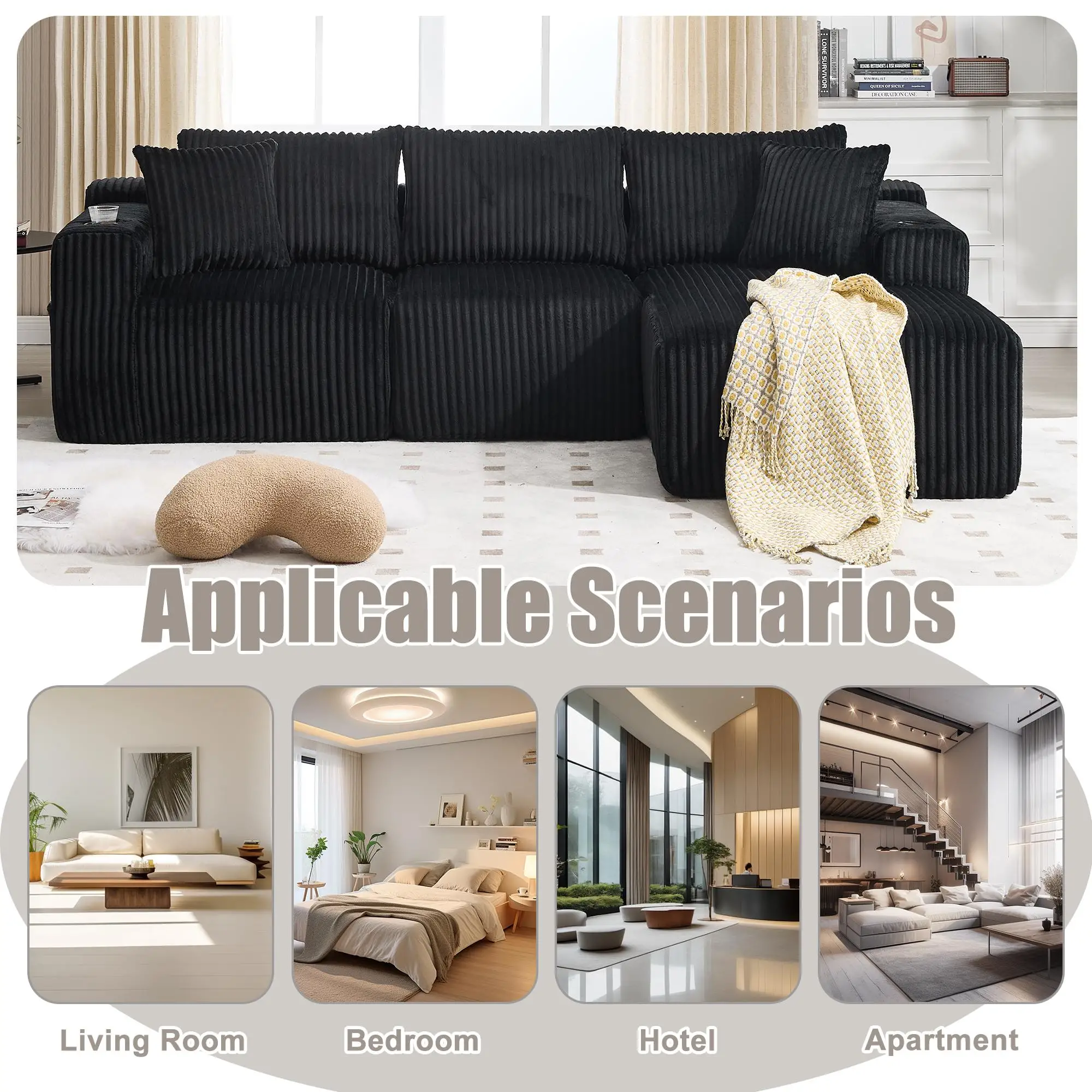 Corner Corduroy Sofa 257 x 160 x 80cm - Black - 5