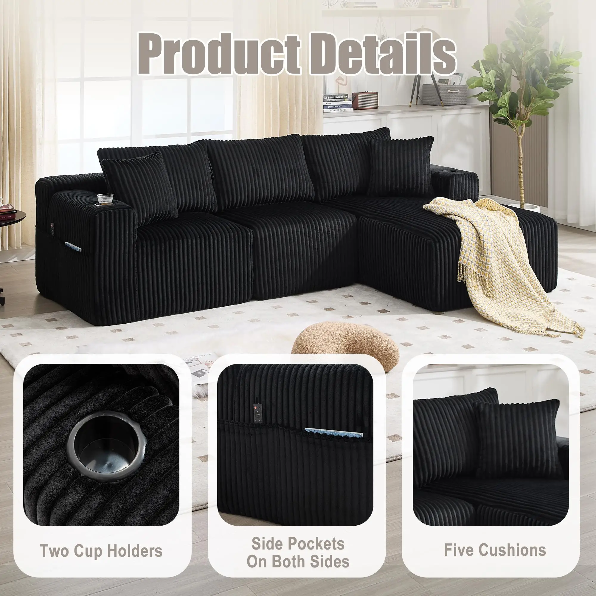 Corner Corduroy Sofa 257 x 160 x 80cm - Black - 6