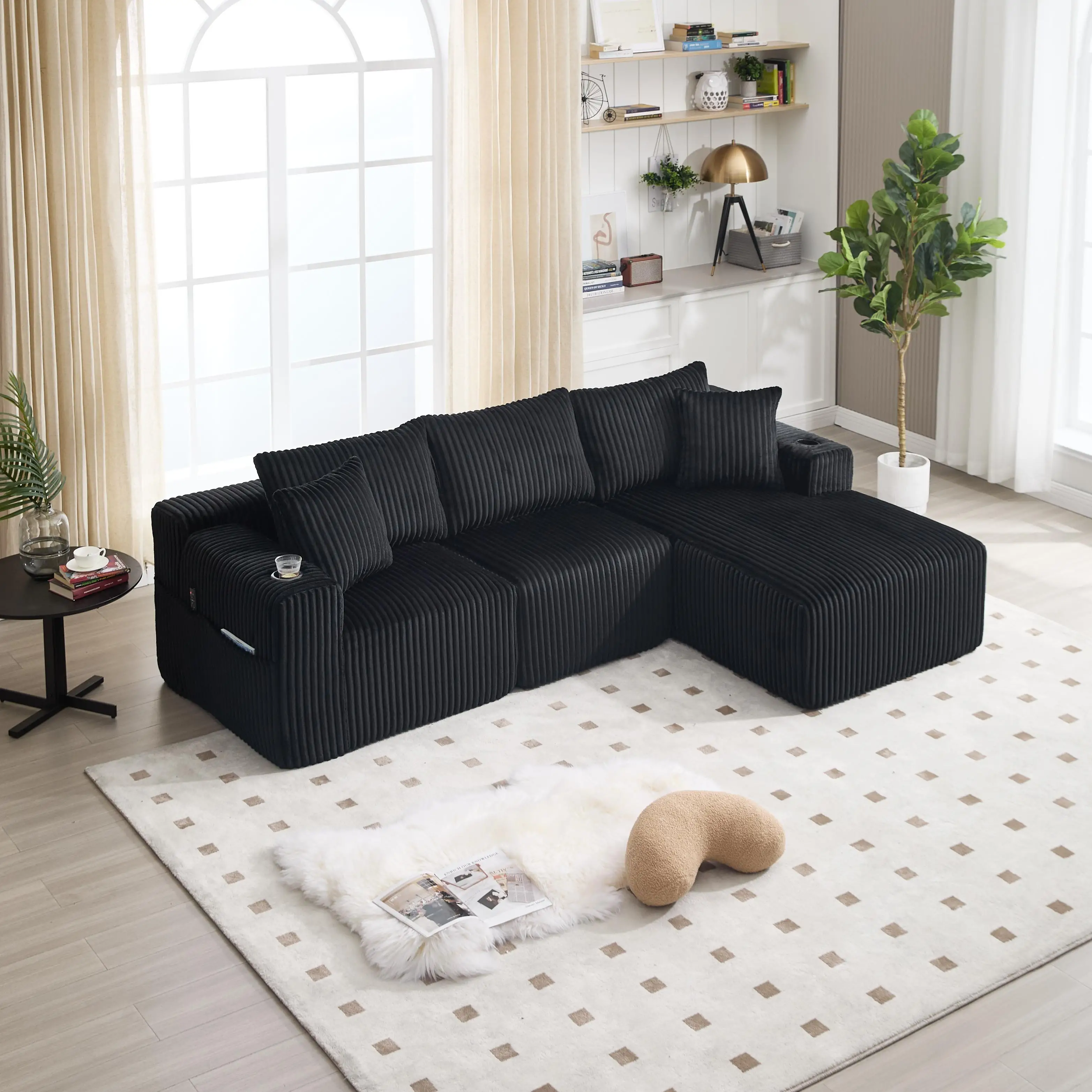 Corner Corduroy Sofa 257 x 160 x 80cm - Black - 8