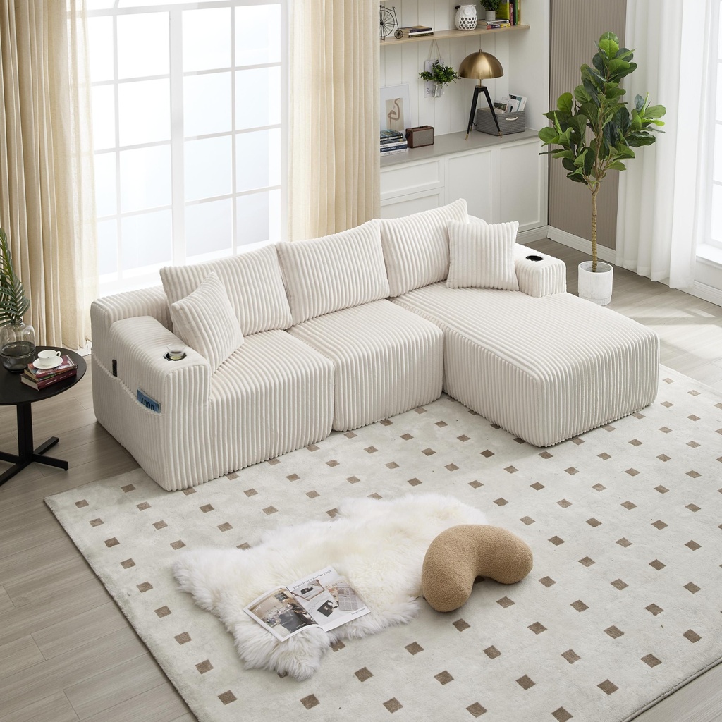 Corner Corduroy Sofa 257 x 160 x 80cm - Beige - 1