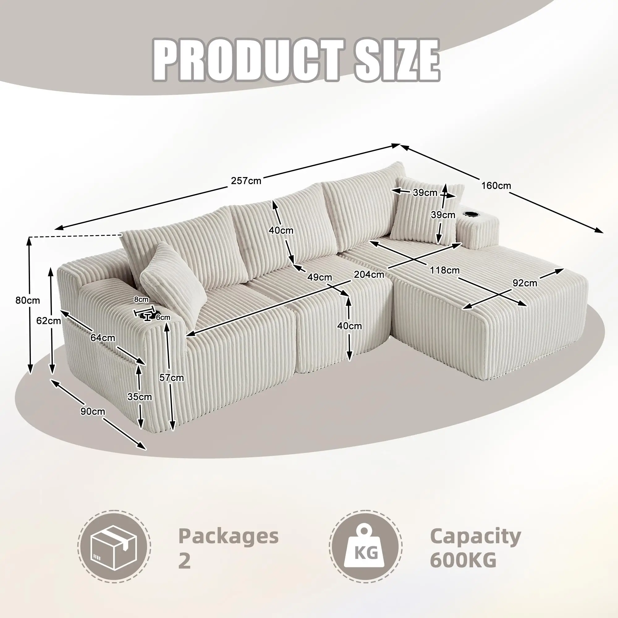 Corner Corduroy Sofa 257 x 160 x 80cm - Beige - 3