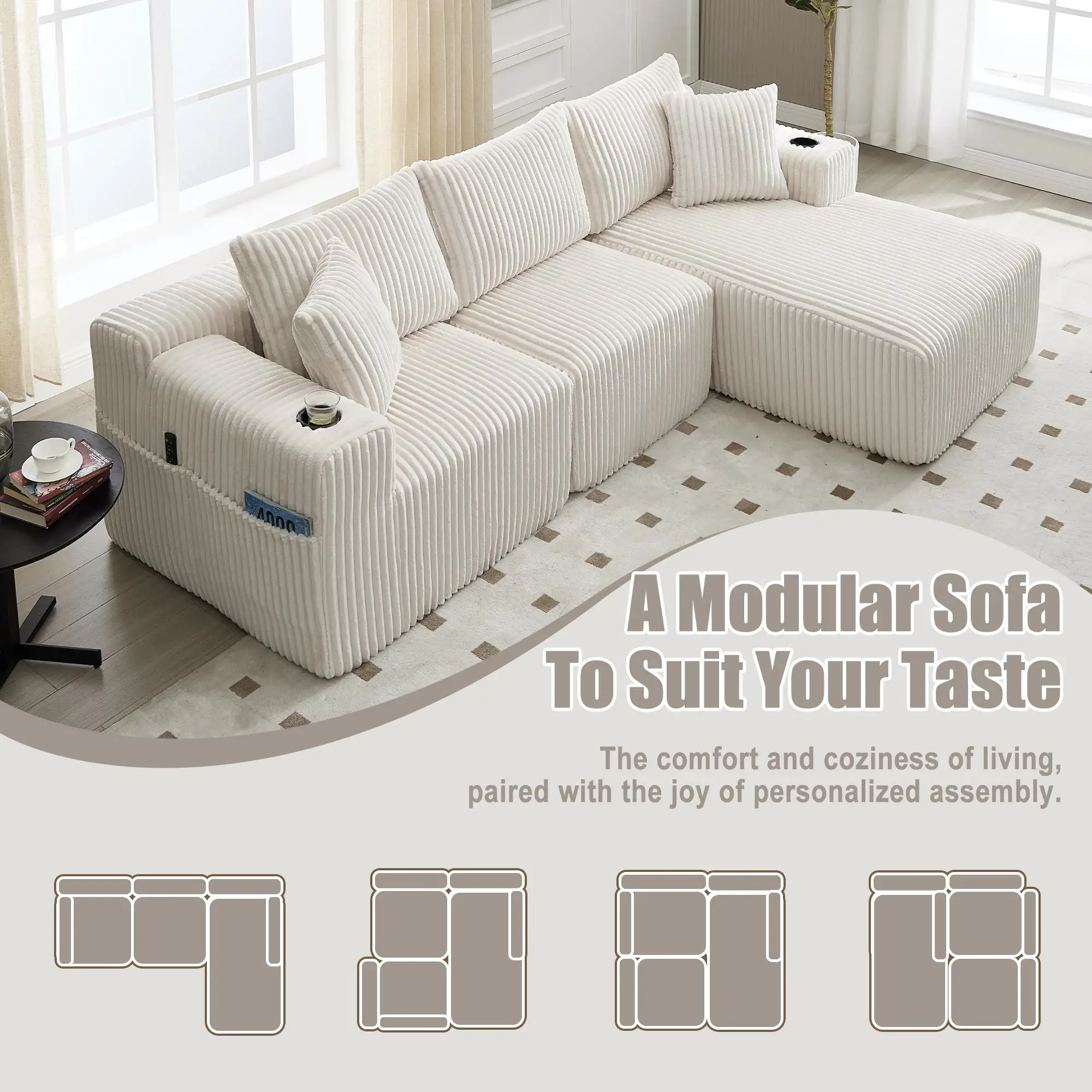 Corner Corduroy Sofa 257 x 160 x 80cm - Beige - 4