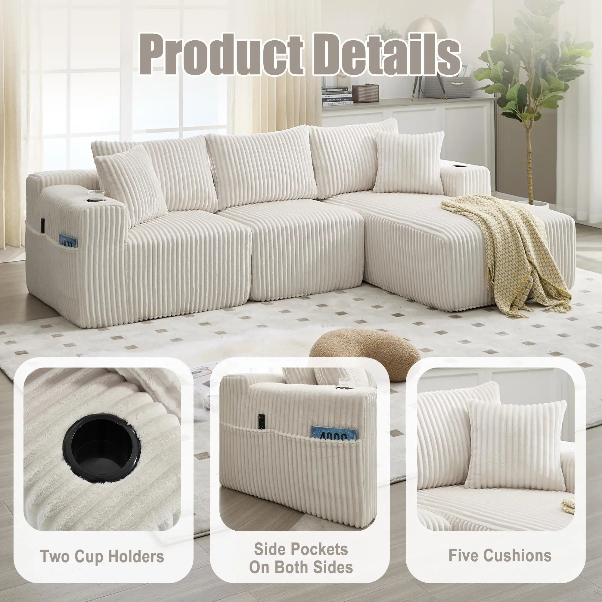 Corner Corduroy Sofa 257 x 160 x 80cm - Beige - 5