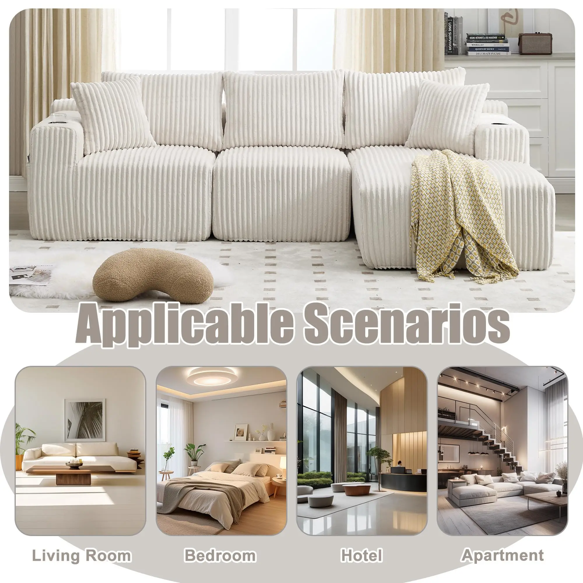Corner Corduroy Sofa 257 x 160 x 80cm - Beige - 6
