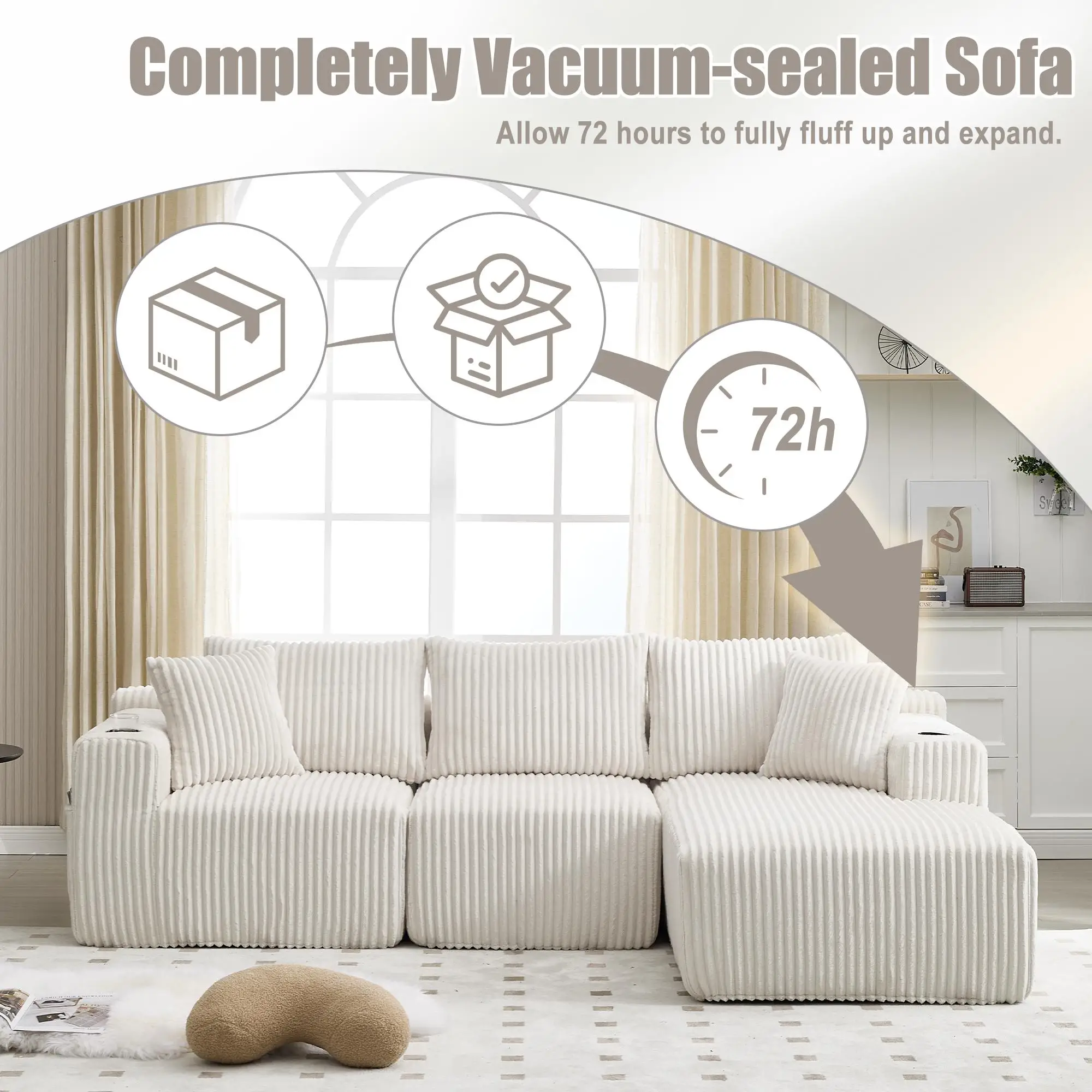Corner Corduroy Sofa 257 x 160 x 80cm - Beige - 7