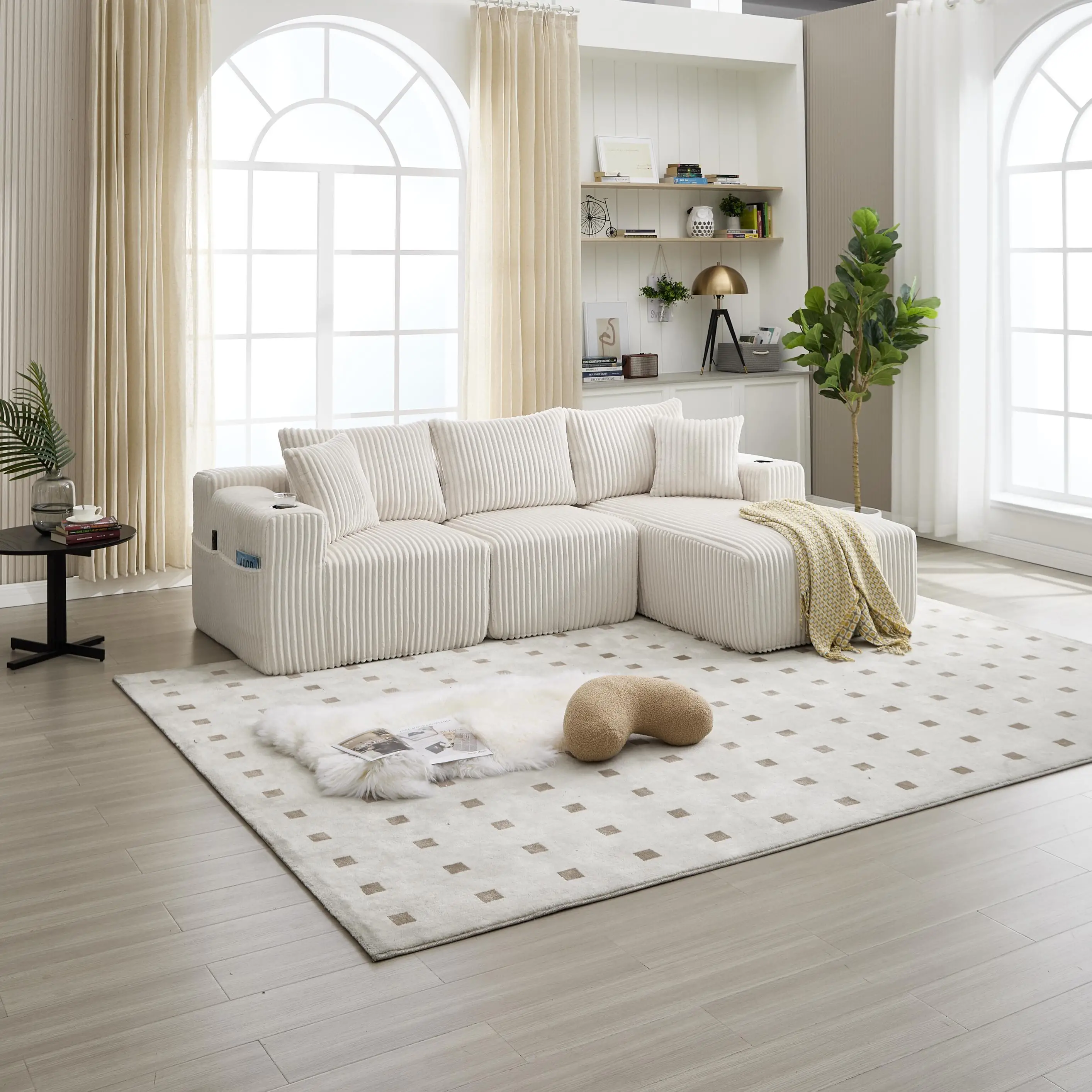 Corner Corduroy Sofa 257 x 160 x 80cm - Beige - 9