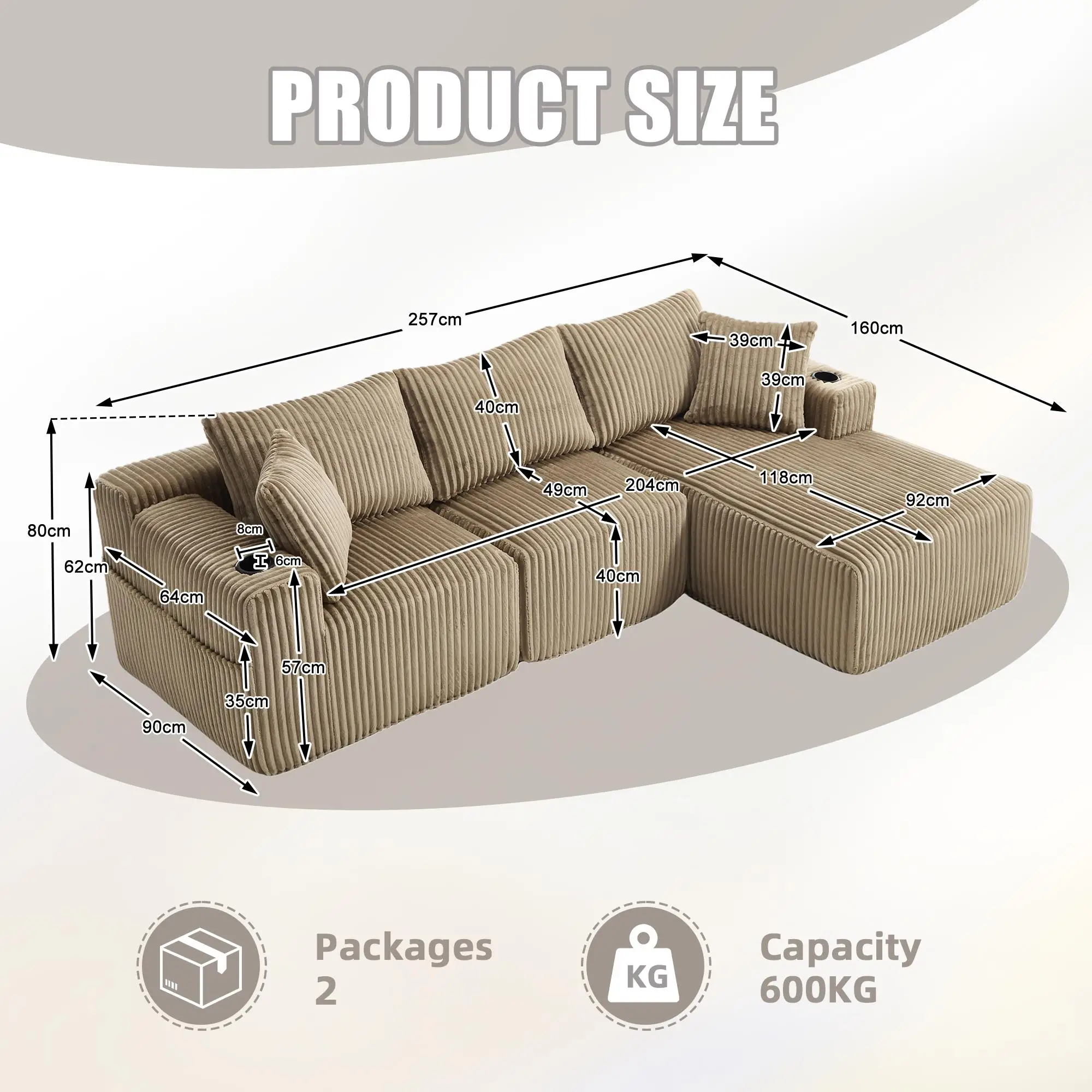 Corner Corduroy Sofa 257 x 160 x 80cm - Khaki - 3