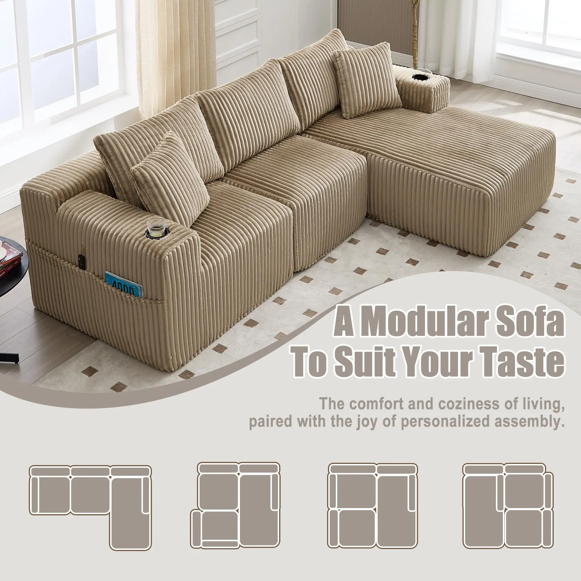 Corner Corduroy Sofa 257 x 160 x 80cm - Khaki - 4