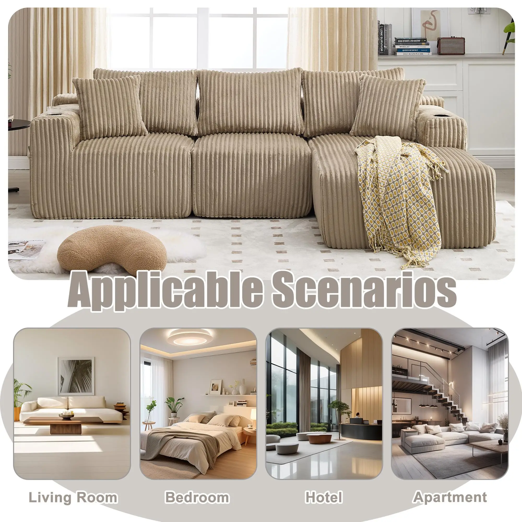 Corner Corduroy Sofa 257 x 160 x 80cm - Khaki - 5