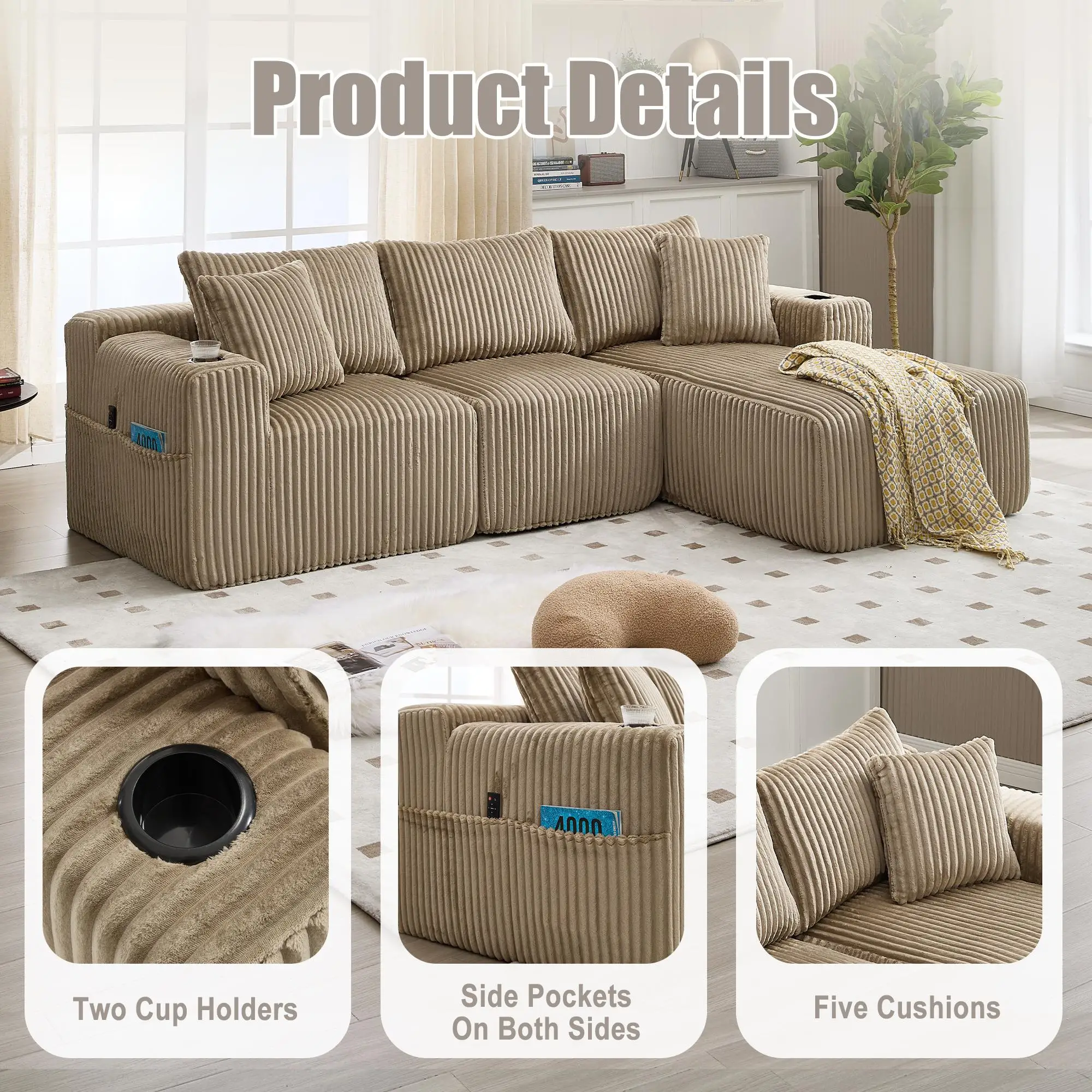Corner Corduroy Sofa 257 x 160 x 80cm - Khaki - 6